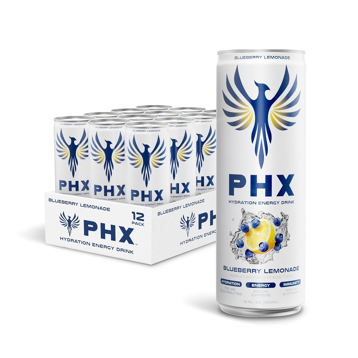 PHX Hydration Energy Drink - 700mg Electrolytes, 200mg Natural Green Tea Caffeine, 100% Daily Value 8 Essential Vitamins - 12 oz Cans (12 Pack) (12 Pack, Blueberry Lemonade)