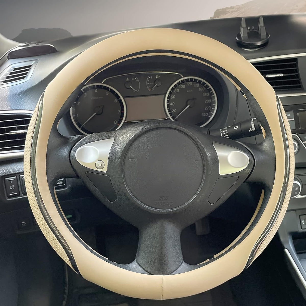 Car Steering Wheel Cover Beige, 14.5-15 inch Steering Wheel Covers with Coasters Microfiber Leather Carbon Fiber Breathable Anti-Slip Durable Universal Auto Steering Wheel Protective
