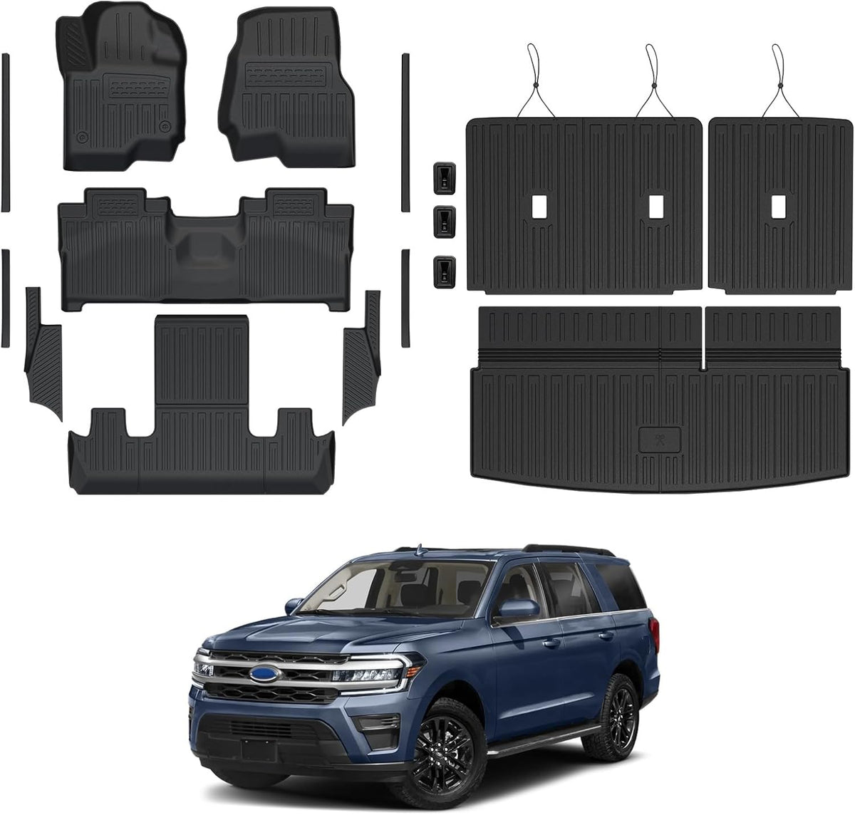Floor Mats Set for 2018-2024 Ford Expedition/Lincoln Navigator 7 Seats Accessories, Full Coverage All Weather Cargo Mat with Backrest Protectors & Door Sill Guards (Not fit Max or L Model)