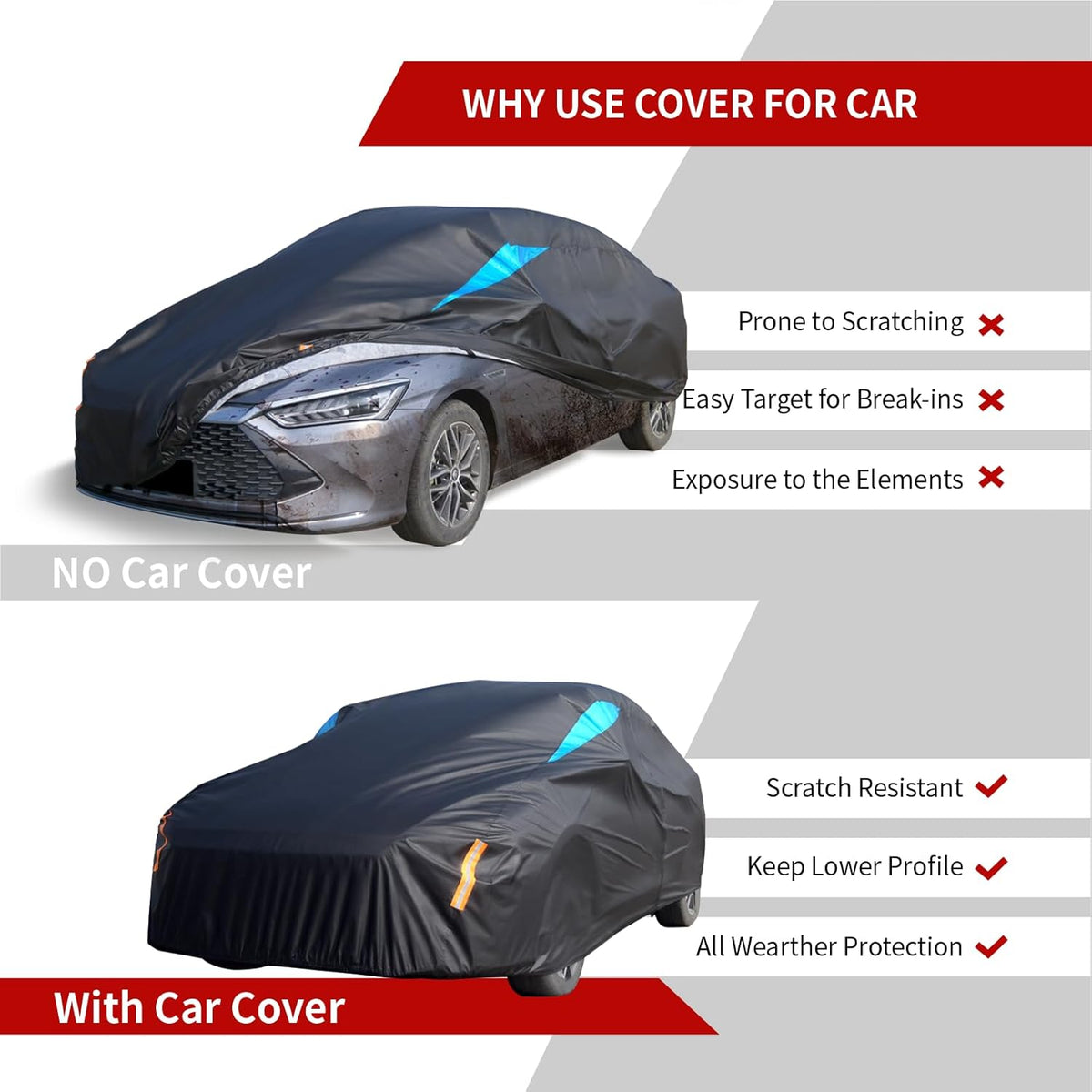 Car Cover Waterproof All Weather, 6 Layers Car Covers for Automobiles, Full Exterior Cover with Zipper, Outdoor Car Cover Sun UV Rain Snow Wind Protection for Sedan (190-195 inch)