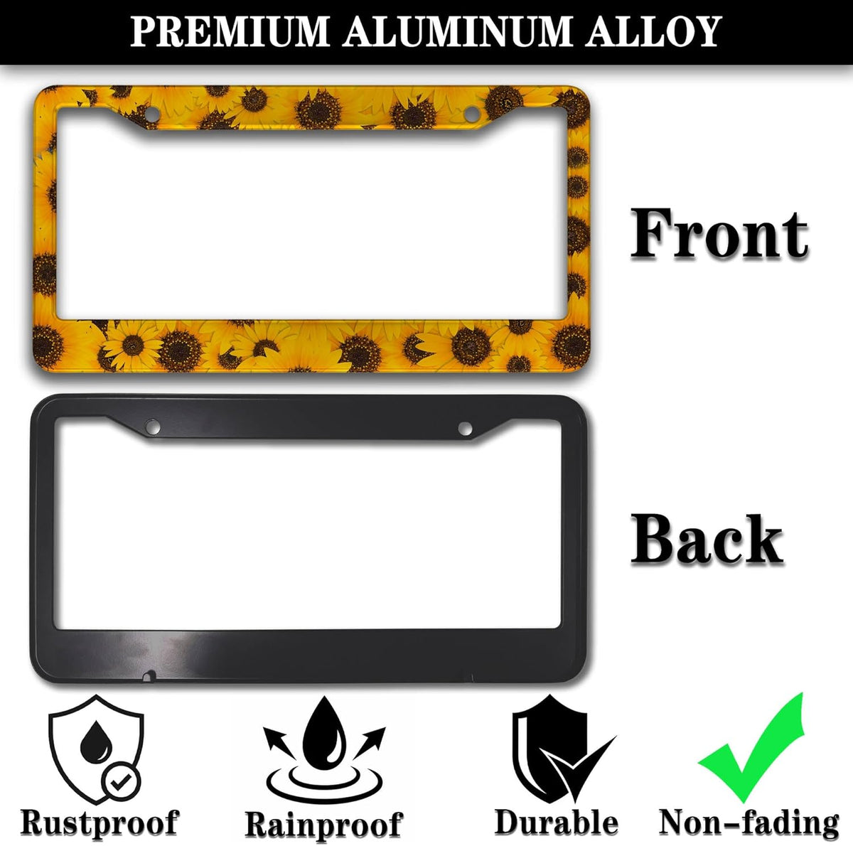 License Plate Protector for Women Yellow License Plate Frames for Men Sunflower Aluminum Metal Car Accessory 2 Pack with Screw Covers Set