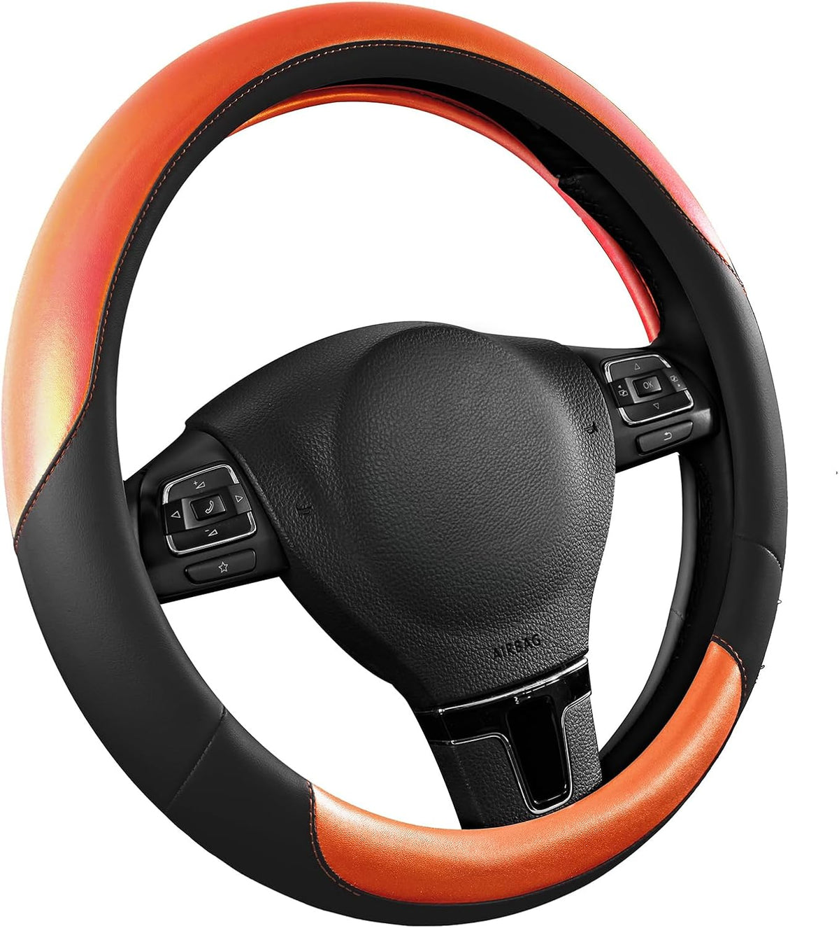 Road Comforts Steering Wheel Cover – Breathable Leather Steering Wheel Cover, Anti-Slip Grip, Universal Fit 14.5” to 15”, Heat & Cold Resistant for Cars, SUVs, and Trucks – Black & Orange