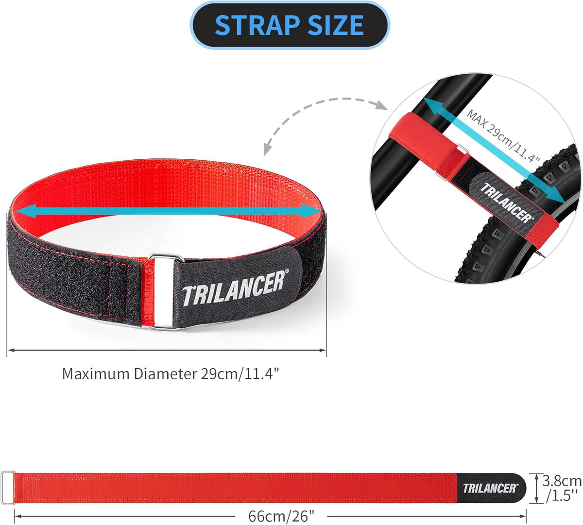 Trilancer Bike Rack Straps with Extra-Wide Silicone Anti-Slip Coating,2-Pack Adjustable Bike Wheel Stabilizer Strap with Hook and Loop for Car and Wall Mount, Transportation and Storage(26''x1.5'')