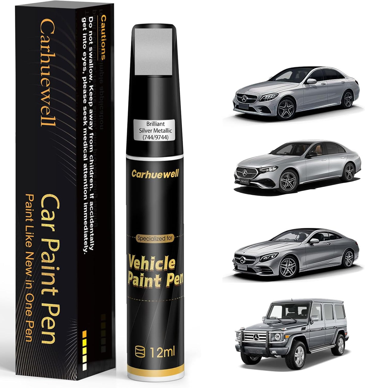 (744/9744) Brilliant Silver Metallic Touch Up Paint Compatible with Mercedes-Benz, Exact Match Car Paint Pen Automotive Scratch Repair Remover Kit Quick & Easy Solution for Vehile Chips and Nicks
