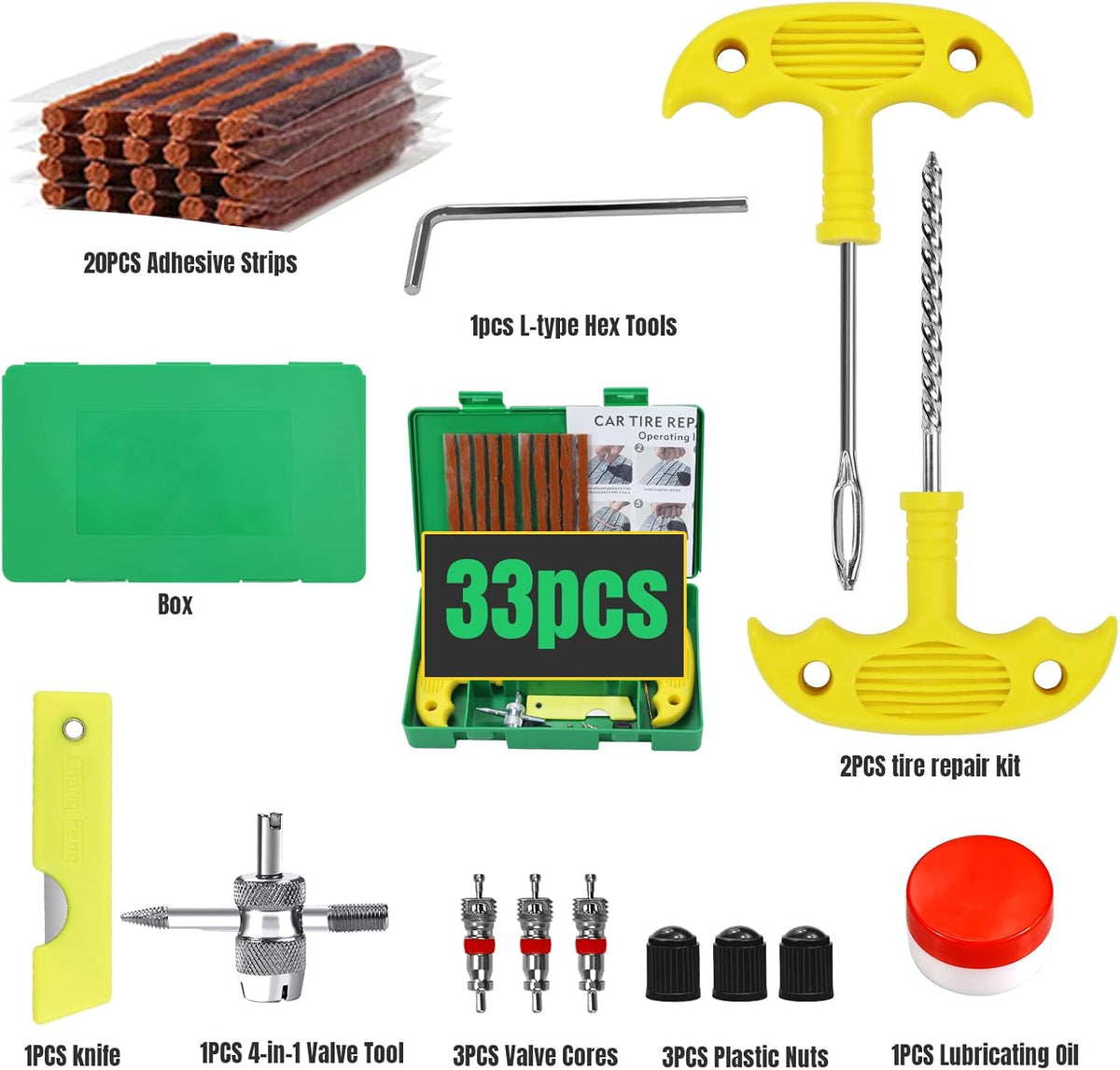 Tire Repair Kit, 33Pcs Heavy Duty Tire Plug Kit, Universal Tire Repair Tools to Fix Punctures and Plug Flats Patch Kit for Cars, Motorcycles, Atvs, Tractors, Etc