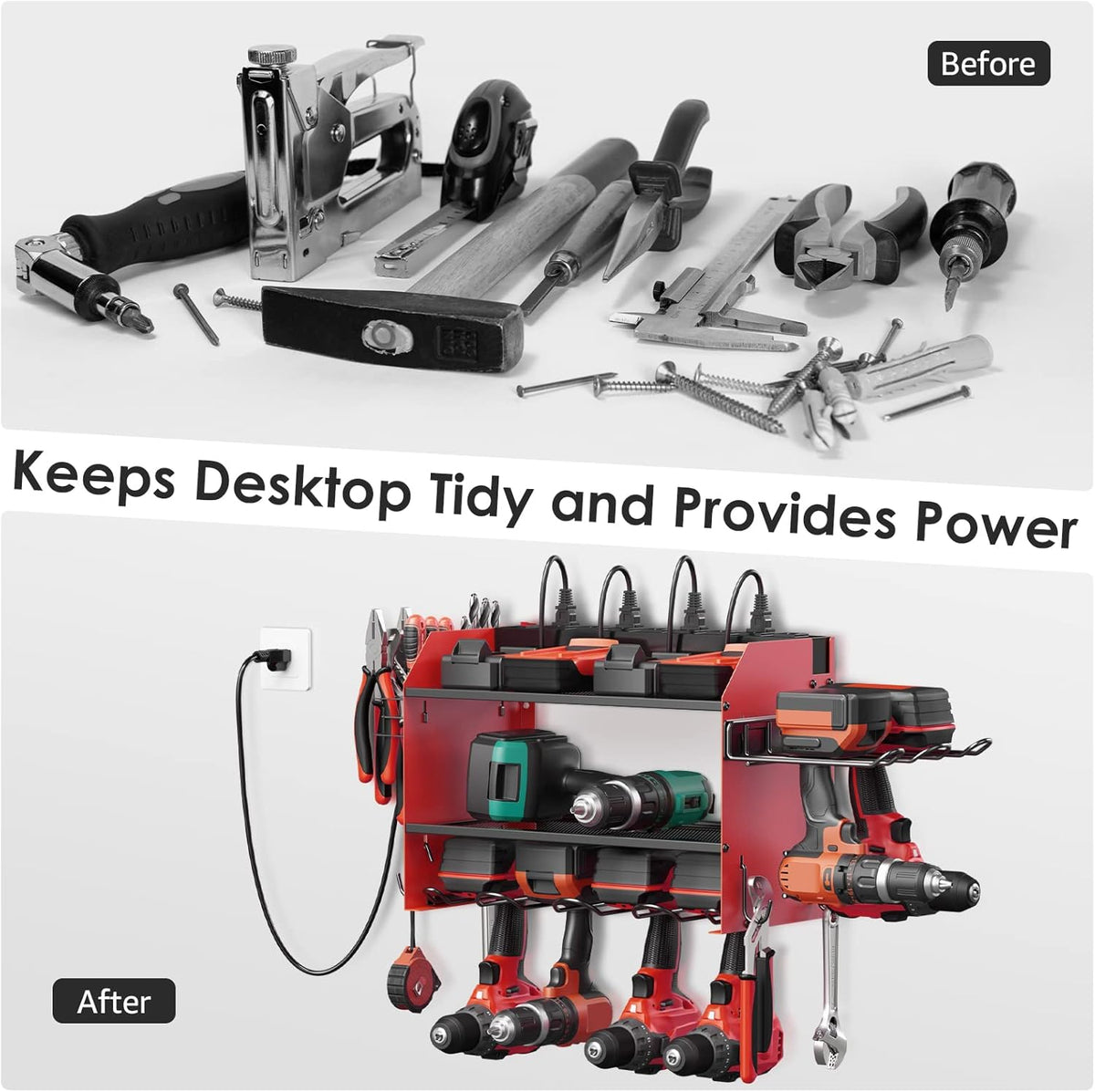 CCCEI Modular Power Tool Organizer Wall Mount Charging Station, Red 6 Drills Holder with 8 Plug Power Strip, Garage Drill Battery Heavy Duty Metal Shelf, Utility Rack with Hooks, Side Storage.