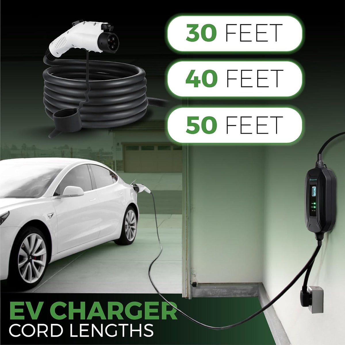 PRIMECOM Level 2 EV Charger 220/240V, 16A, 30ft & 50ft, Portable EVSE Electric Vehicle Charging Cable Compatible with Bolt Volt Leaf BMW i3 Fiat 500e Clarity NIRO Prius (30 Feet, 10-50P)