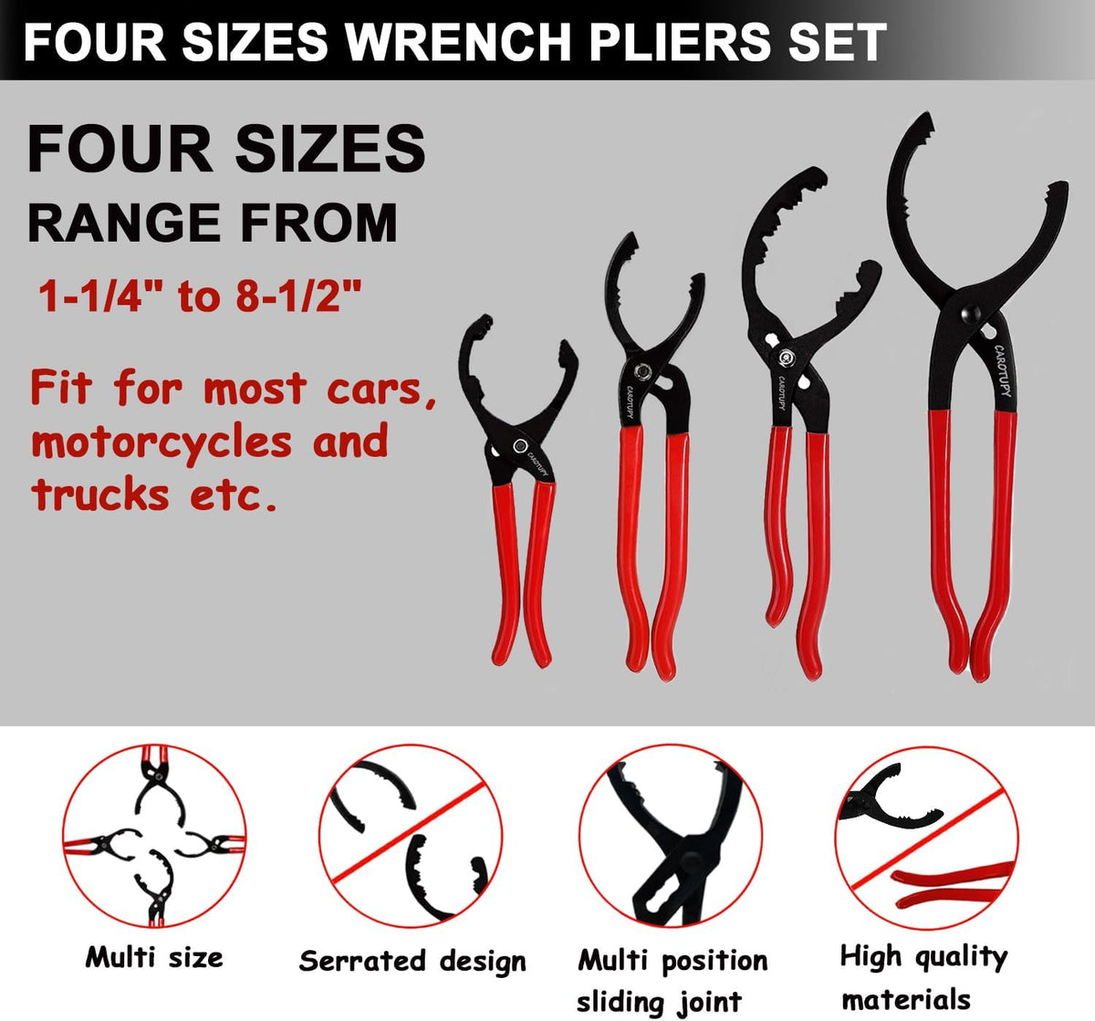 6Pcs Oil Filter Pliers Set, Universal Oil Filter Wrench with Oil Funnel, 10" & 12" & 14" & 16" Premium Oil Filter Removal Tool From 1-1/4" to 8-1/2"