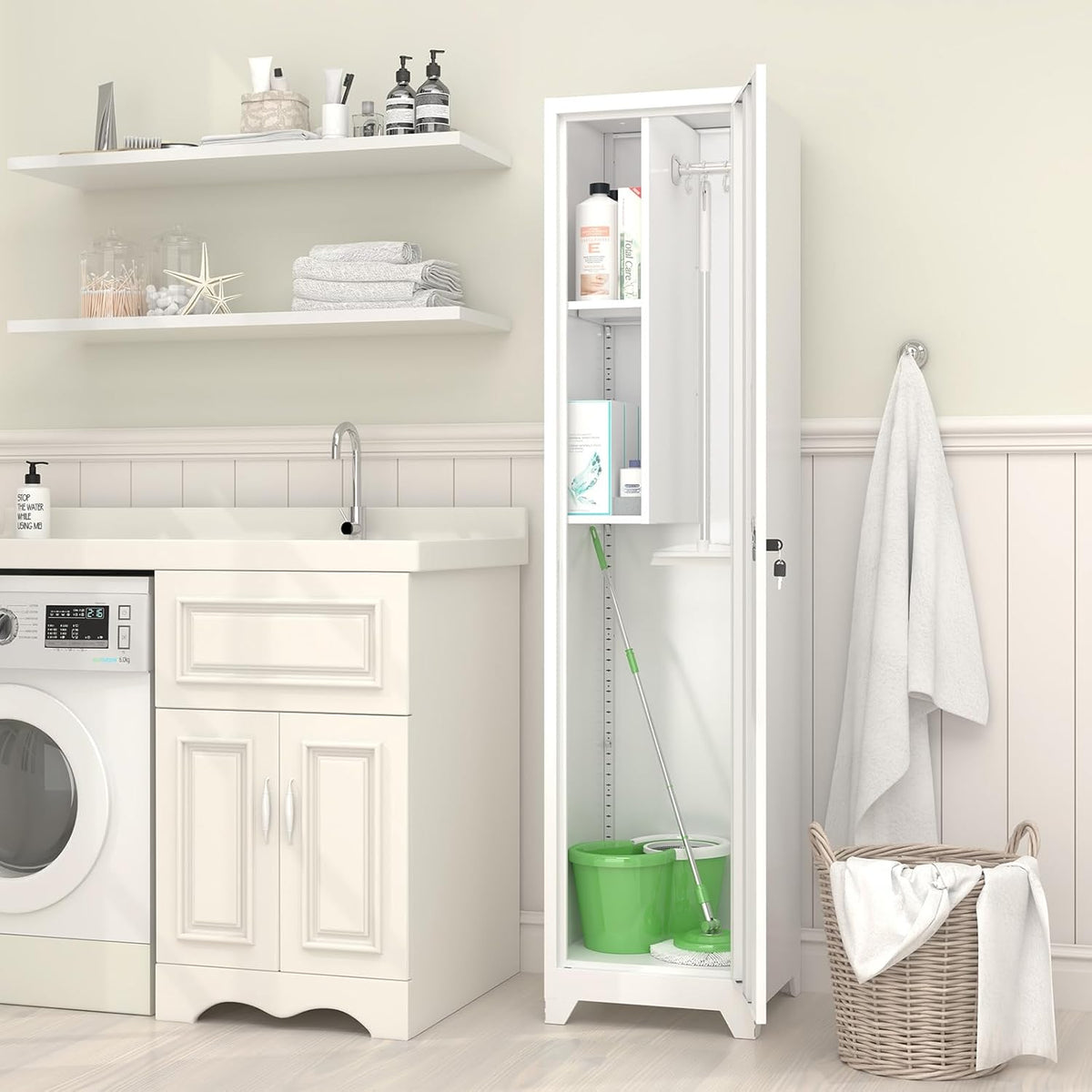 GREATMEET Slim Broom Closet Storage Cabinet, Narrow Utility Closet, 65" Metal Cleaning Supply Storage with Lock and Door,Utility Cabinets for Brooms and Mops for Laundry Room, White