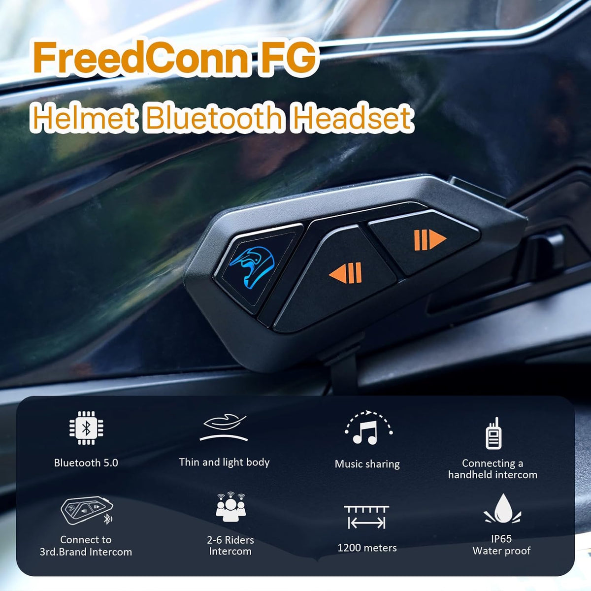 FreedConn FG Motorcycle Helmet Bluetooth Headset, Motorcycle Communication Systems with CVC Noise Cancellation, Stereo Music, 6 Riders 0.75mi/1200m intercom, 19Hrs Intercom, IP65, 1 Pack