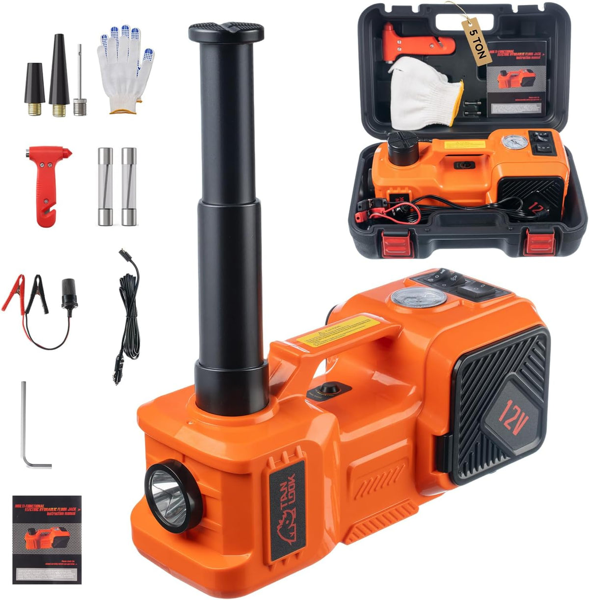 Electric Car Jack Kit with Hydraulic Lift 5-Ton, Tire Inflator Heavy-Duty 12V Floor Jack for Sedans,SUVs,MPVs & Trucks.Ideal for Tire Changes & Garage Repairs (no Electric Wrench)