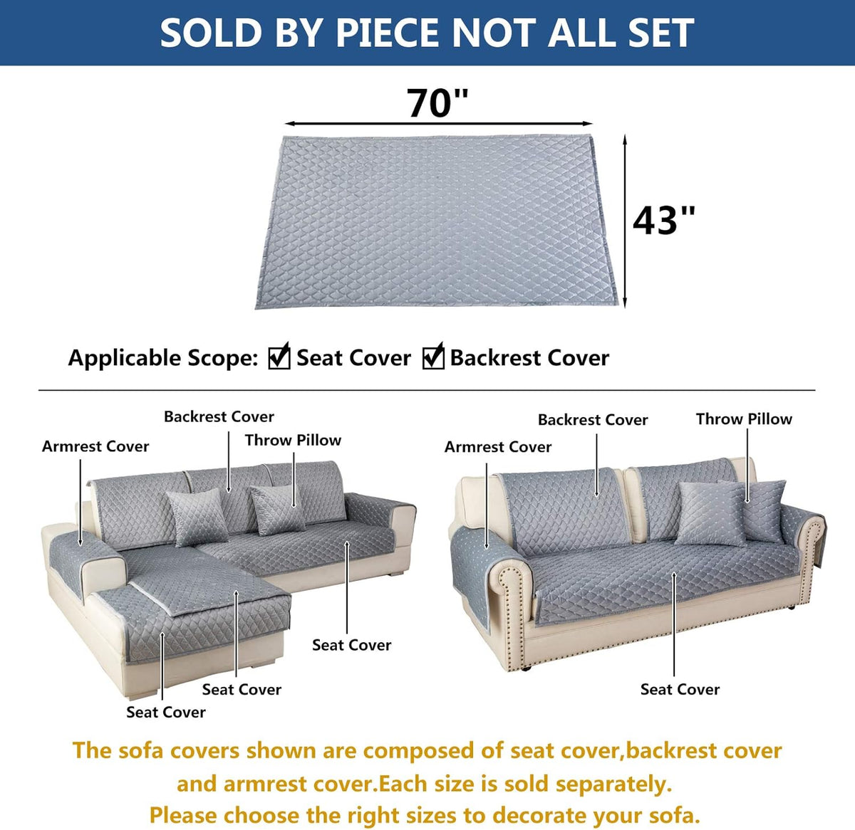 Eismodra Couch Cover,Sectional Couch Covers,Sofa Covers for 3 Cushion Couch,Anti-Slip Sofa Slipcovers for Dogs Cats Kids Loveseat Recliner L Shaped Armrest Backrest,Light Gray 43''x70''(Only 1 Piece)