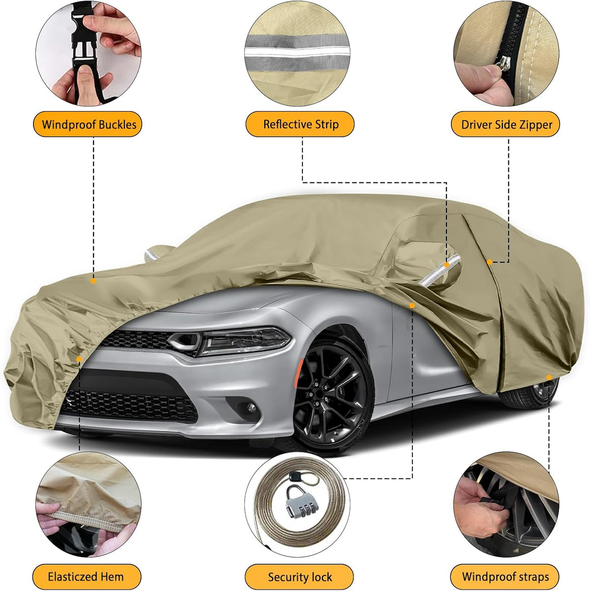 Waterproof Car Covers Replace for 2006-2025 Dodge Charger/Chrysler 300 300C, Multilayer Heavy Duty with Cotton Liner All Weather Car Cover with Zipper Door, Windproof Bands for Snow Rain Protection