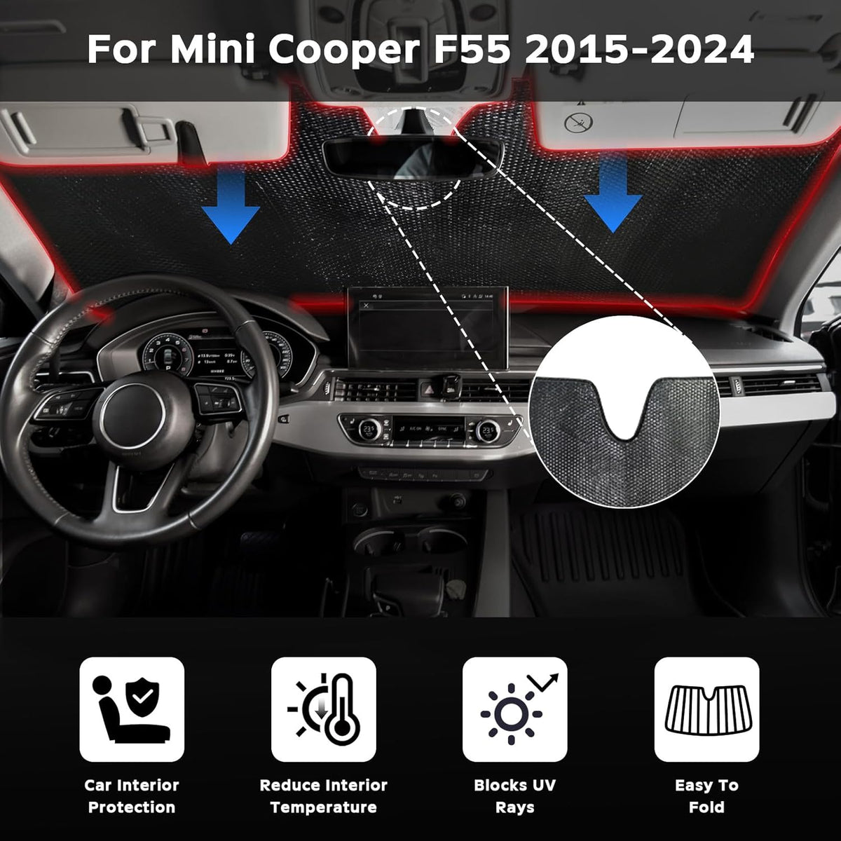 Windshield Sun Shade for BMW Mini Cooper F55 2015-2024 - 5-Layer Bubble Foldable Front Window Shade Sun Visor Accessories - Blocks Heat & UV Rays