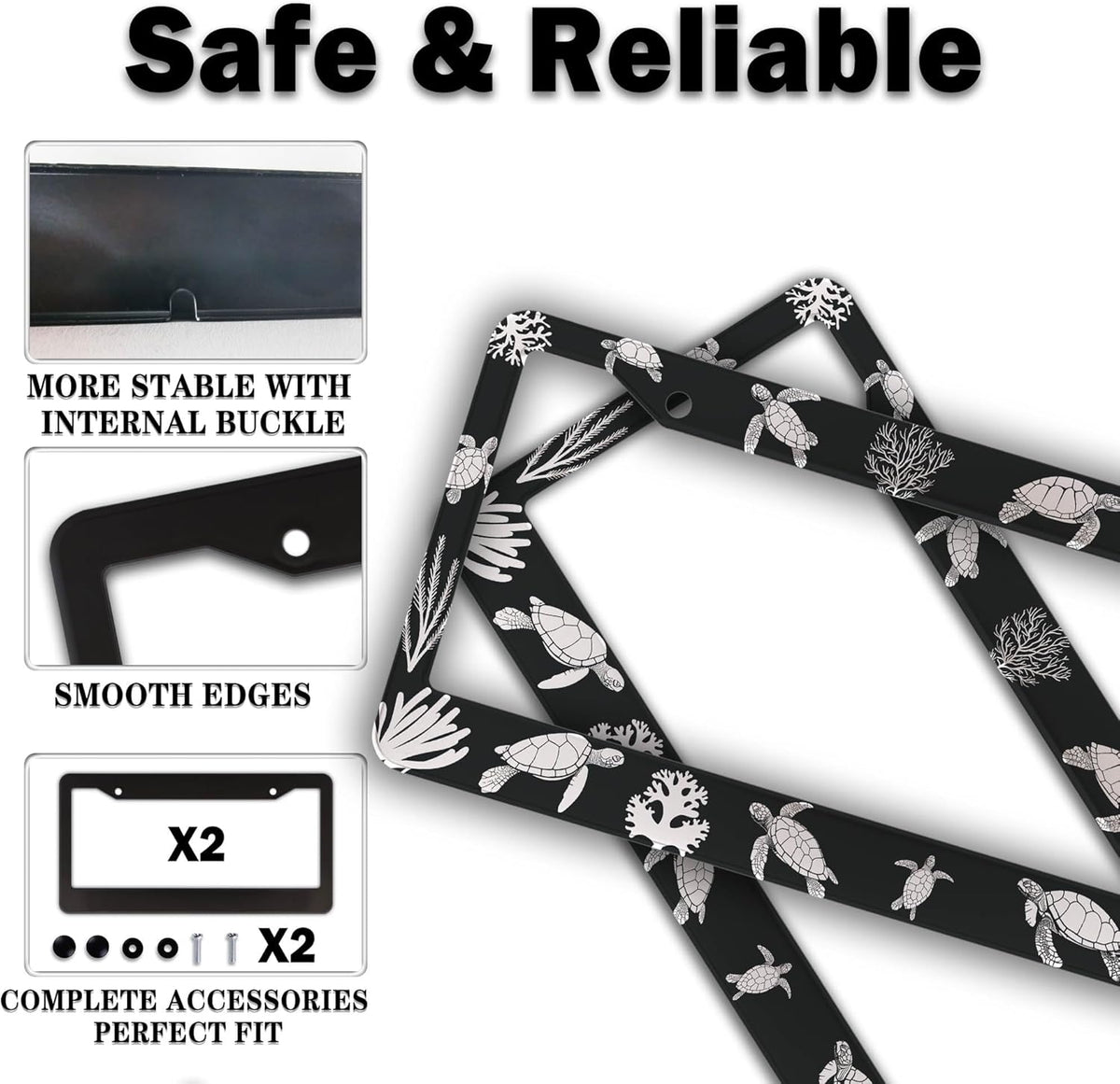 Automotive Exterior Accessories Black and White License Plate Frames Turtle Aluminum Metal Car Accessory 2 Pack with Screw Covers Set