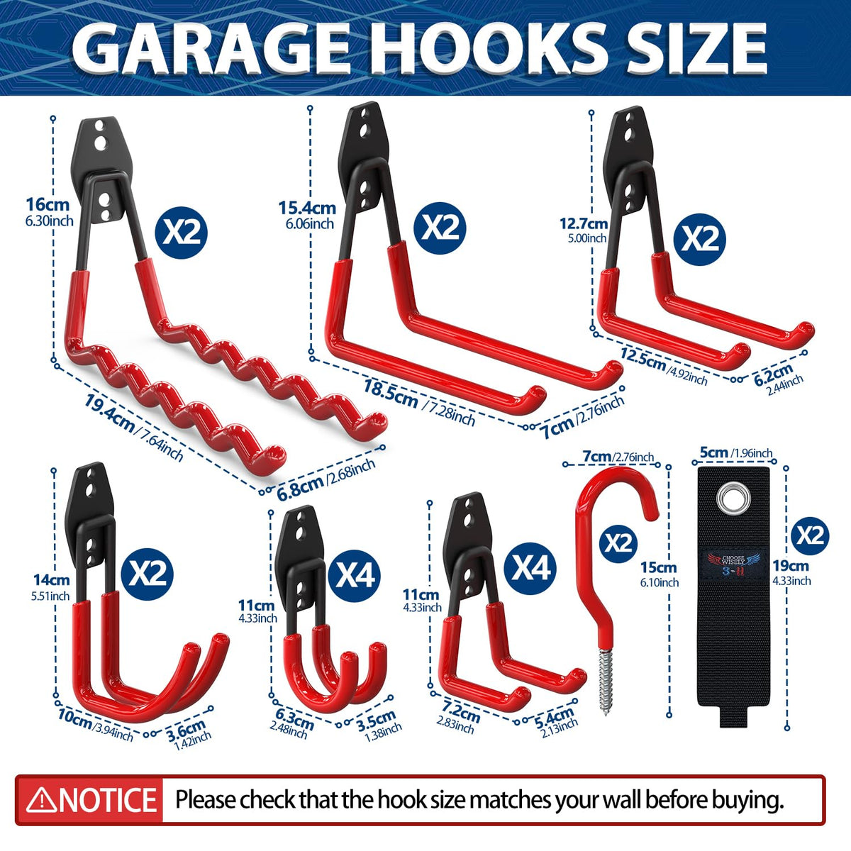 3-H Garage Wall Hooks 60 Pack, Heavy Duty Garage Hooks with Extra Welding Spots, Wall Mount Storage Organizer for Hanging Garden Lawn Tools, Ladder, Bike, WeedEater, Chair, Shovel, Blower (Red)
