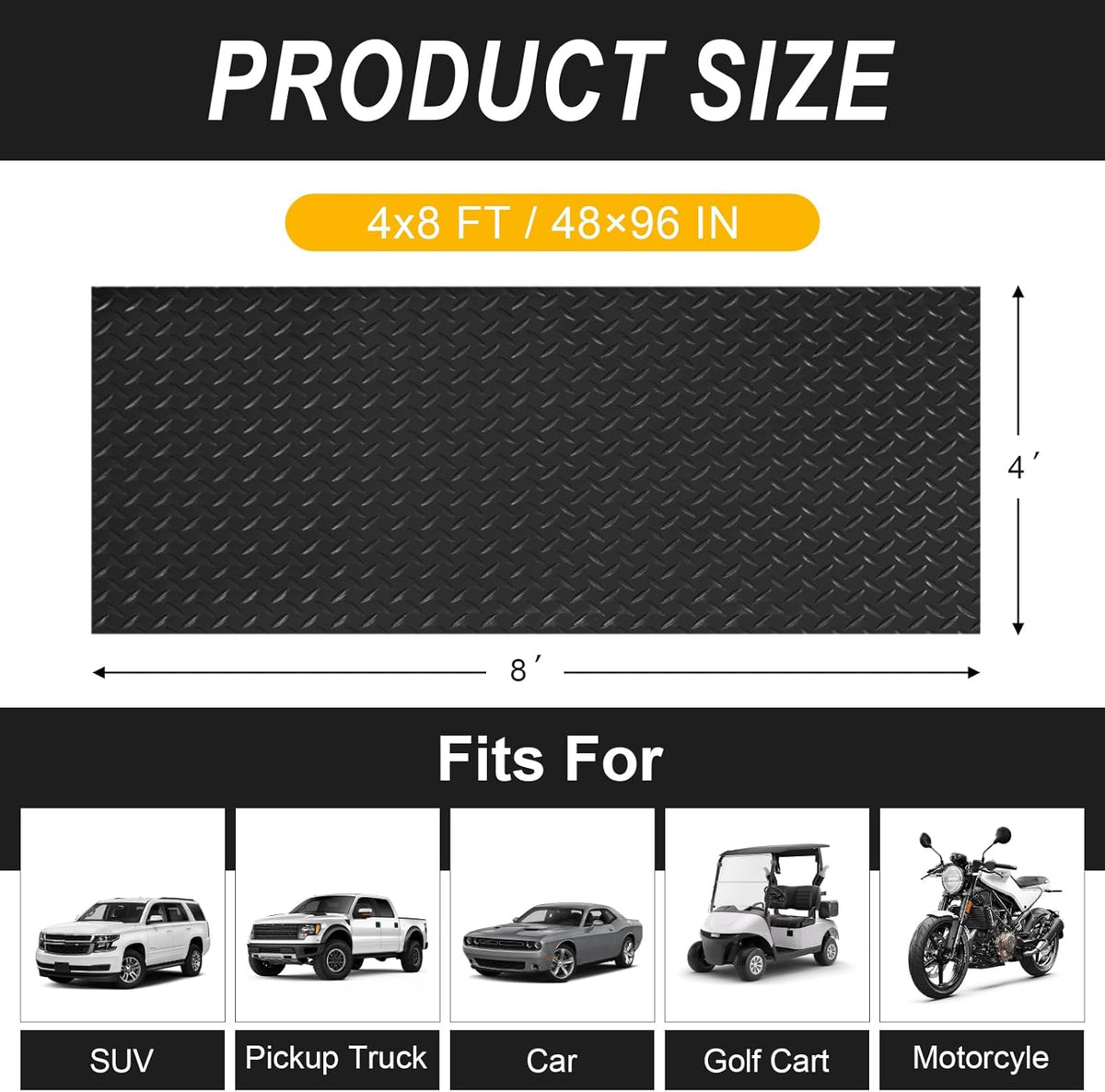 4x8FT Garage Floor Mat, 2.8mm Thickened Flooring Roll for Under Car, Golf Cart Parking Mat, Diamond Plate PVC Rubber Motorcycle Mat, Non-Slip Floor Protector for Garage Warehouse Trailer, Black