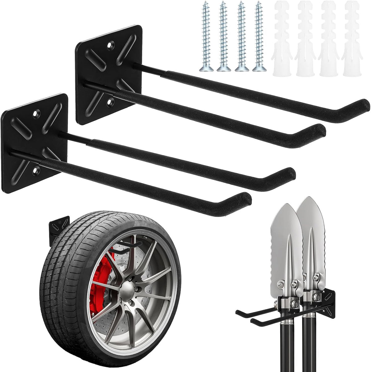 2Pcs Garage Hooks Heavy Duty Tool Organizer, Wall Mount Utility Multi-Use Storage Hangers Rack for Car Tires, Ladders, Chairs, Strollers, Power Tools, Garden Tools