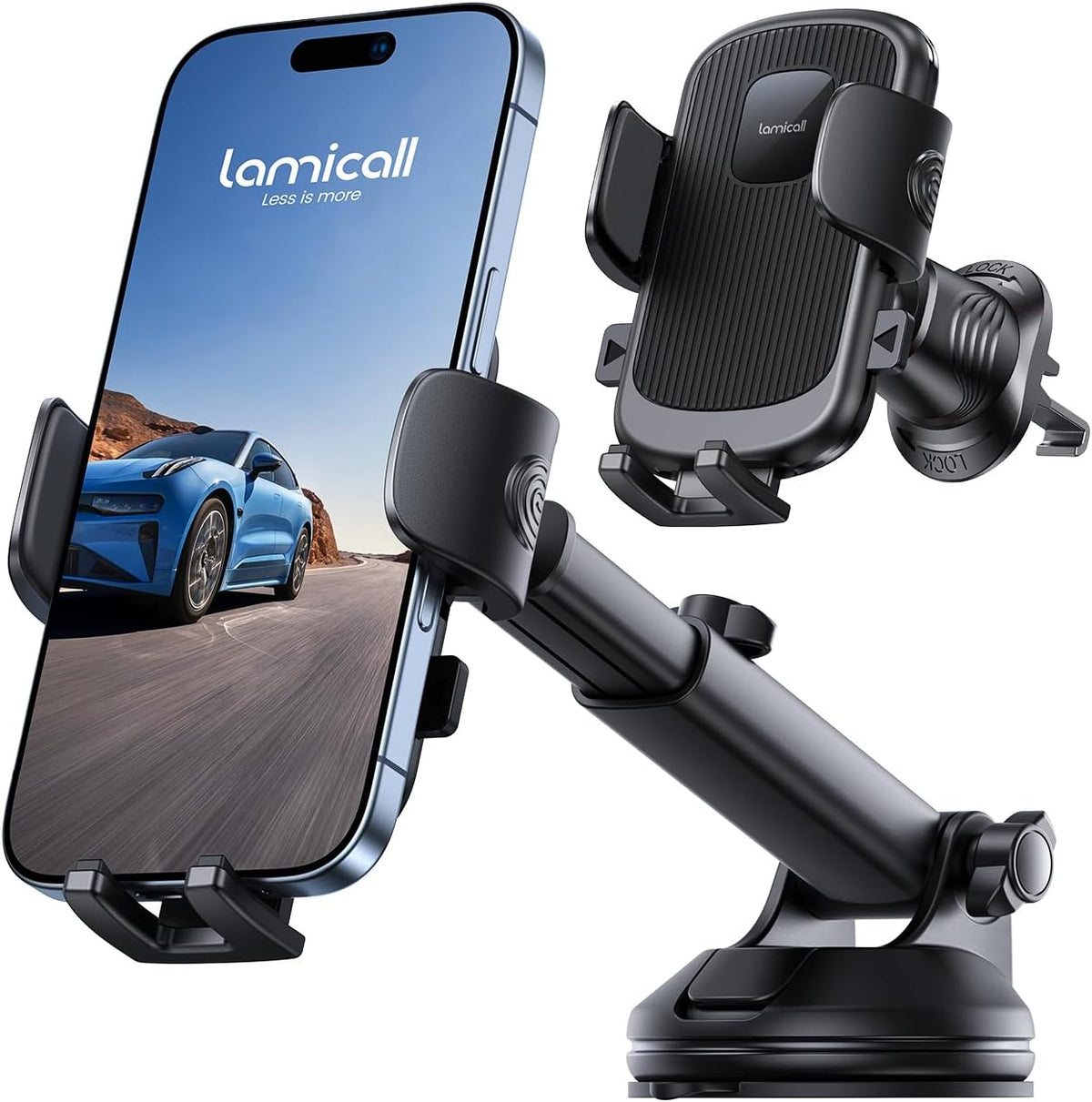 Lamicall Car Phone Holder Mount [3-in-1 Military-Grade Suction Cup] 360° Rotation Phone Holders for Your Car [Metal Hook] Cell Phone Car Mount Dashboard Vent Windshield for iPhone 16 All Smartphone