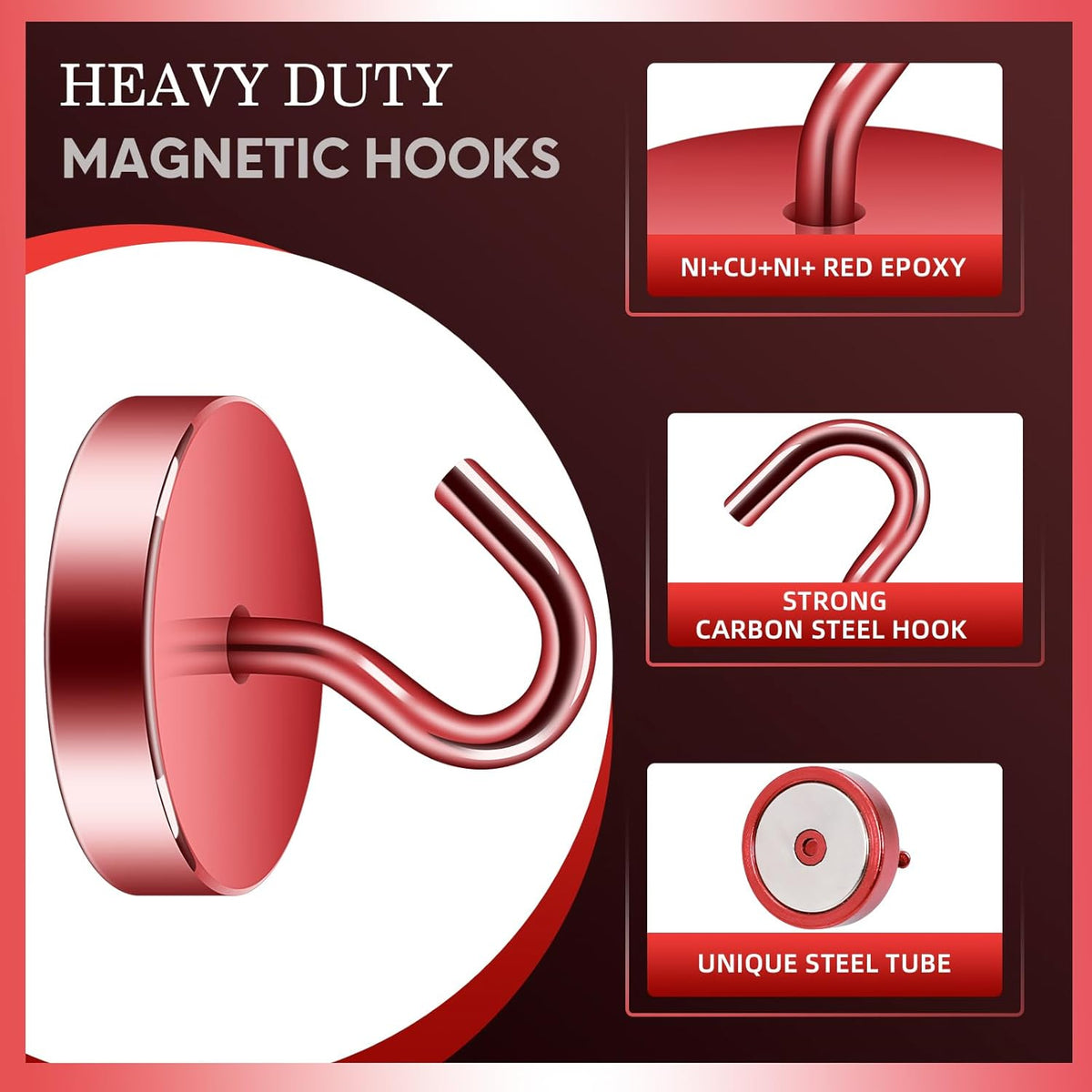 Neosmuk Magnetic Hooks, Cruise Ship Essentials, 100lb+ Heavy Duty Magnetic Hooks for Cruise Cabins, Refrigerator, Grill, Hanging, and Travel | Extra Strong Must-Haves Magnet Hook,Red