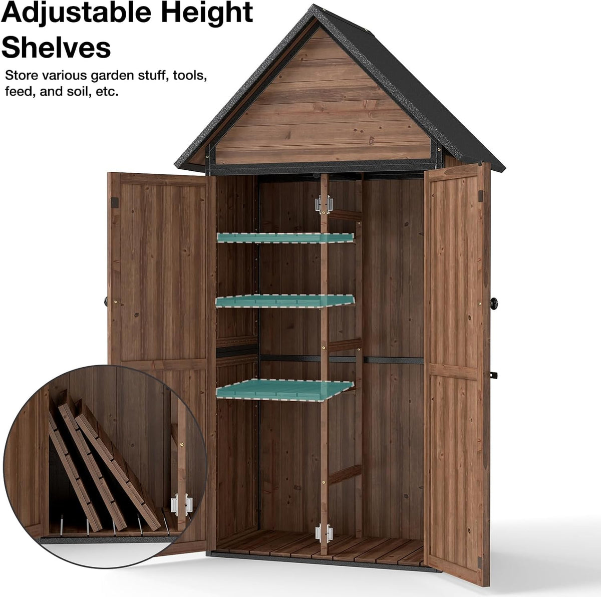 Outdoor Storage Shed with Waterproof Roof - Heavy-Duty Metal & Wood Garden Cabinet, Adjustable Shelves, Large Capacity Waterproof Design for Patio, Garage, Backyard (Dark Brown)