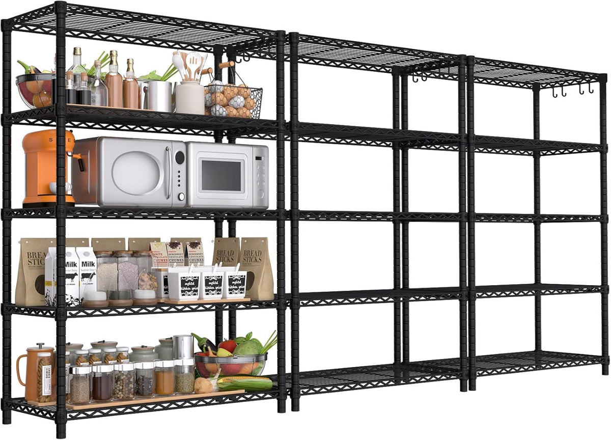 PrimeZone Wire Metal Storage Shelves - 5 Tier Adjustable NSF Certified Heavy Duty Garage Shelving Unit Organizer Rack, Steel Utility Shelf for Kitchen, Pantry, 35.5" W x 14" D x 72" H, Black, 3 Packs