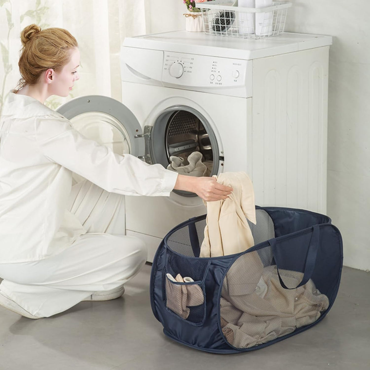 HONOMA Sturdy Mesh Laundry Hamper Basket Bag,Pop up Basket with Side Pocket for Laundry Room, Bathroom, Kids Room, College Dorm or Travel (Pop Horizontal, Grey)