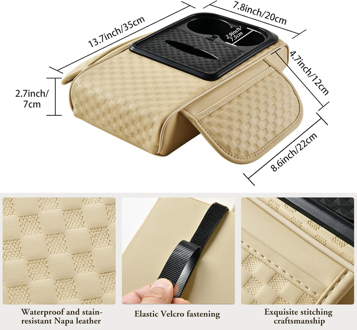 Car Center Console Cover, Armrest Cover for Storing Water Cups, Tissues, Cards, and Phones, 4-in-1 Center Cover with Soft Leather and High Resilience Memory Foam (Light Beige)