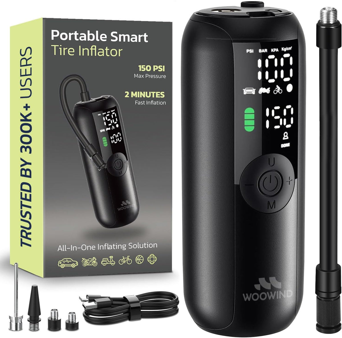Woowind Tire Inflator Portable Air Compressor, Electric Bike Tire Pump with Gauge, Air Pump for Car Tires, 150PSI, Mobile Air Compressor for Car, Motorcycle
