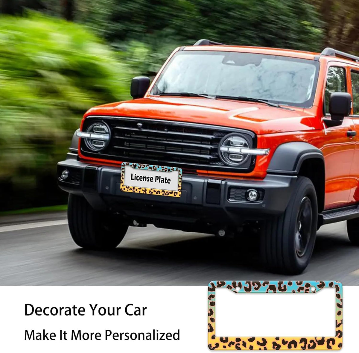Blue Yellow Leopard License Plate Frame, Cheetah Leopar Print Car Accessories Car Tag Frame, Rust-Proof Waterproof Metal Aluminum License Plate Holder for Women Men 2 Holes with Screw Caps