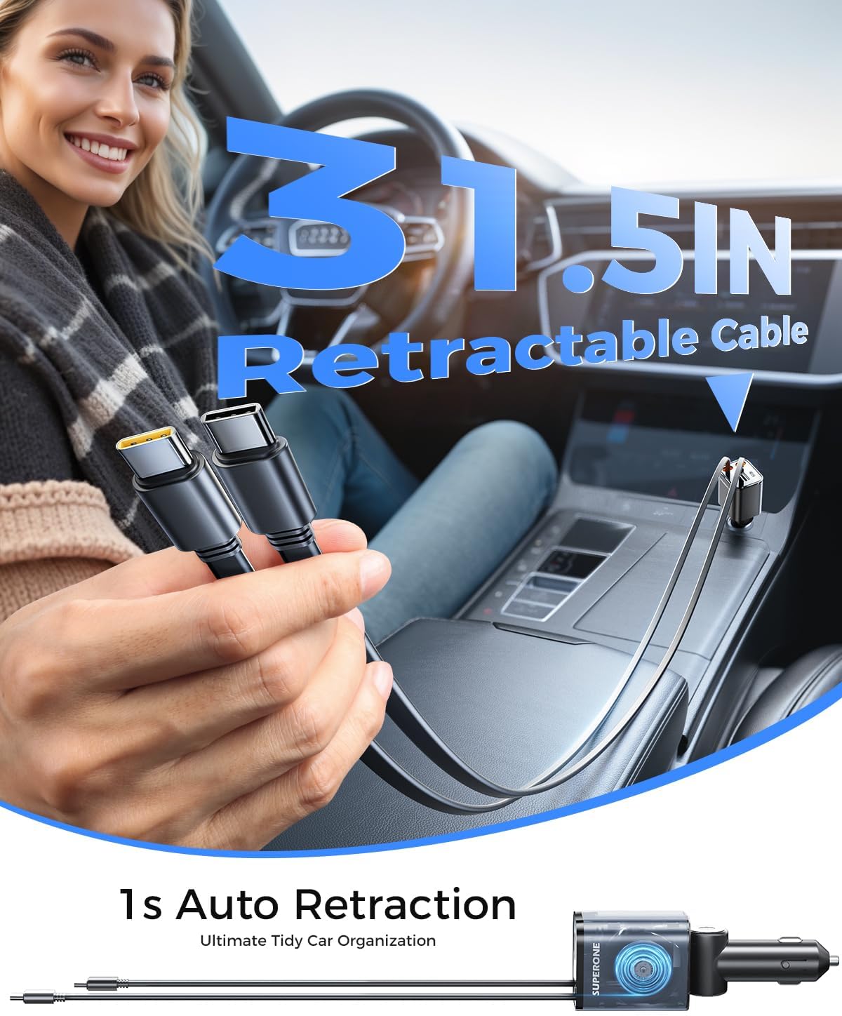 SUPERONE 6 in 1 Retractable Car Charger with Dual Type C Cables, 99W Ultra-Compact USB C Car Accessories Adapter with 4 USB Ports, Fast Charging Car Charger for iPhone 16/15/14/13/12, Galaxy, iPad