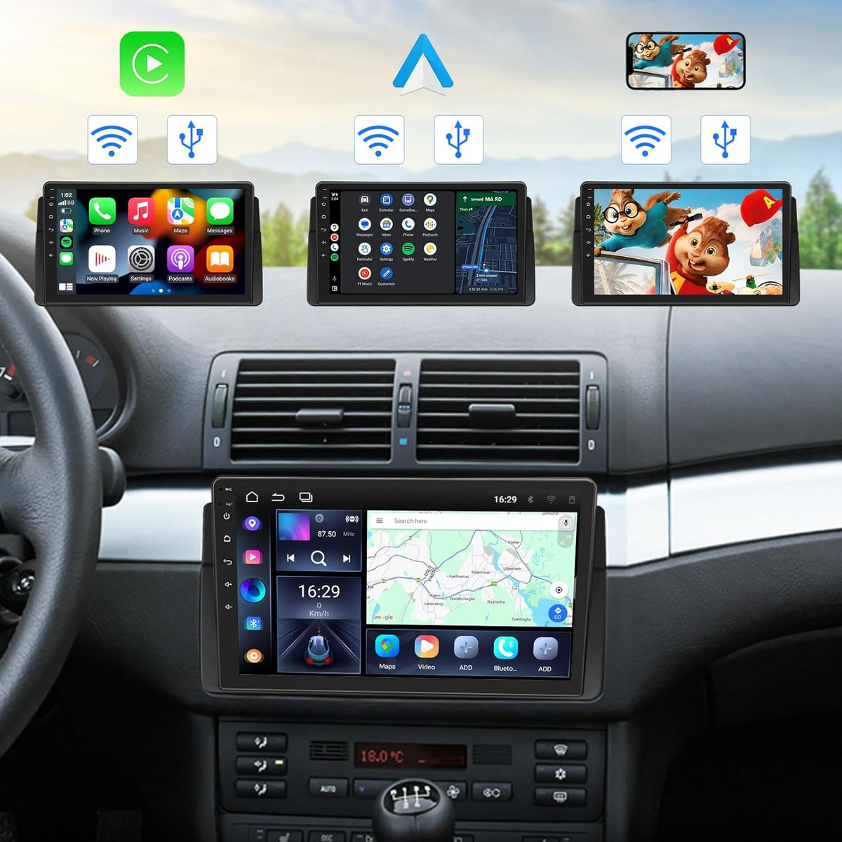 Eonon Car Stereo for BMW E46 M3/328i /330Ci/325i/325xi/328i/328xi/330i/330xi Wireless CarPlay Android Auto Head Unit, 9 Inch Touchscreen Radio, Bluetooth, AM/FM, SWC, GPS Navigation,E46A13