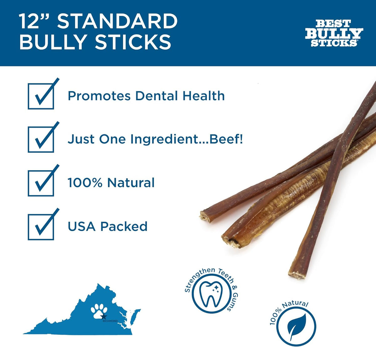 Best Bully Sticks 12 Inch Bully Sticks for Dogs - 12 Count (Pack of 1) - Natural, Easily Digestible, 100% Grass-Fed Beef, Grain and Rawhide Free