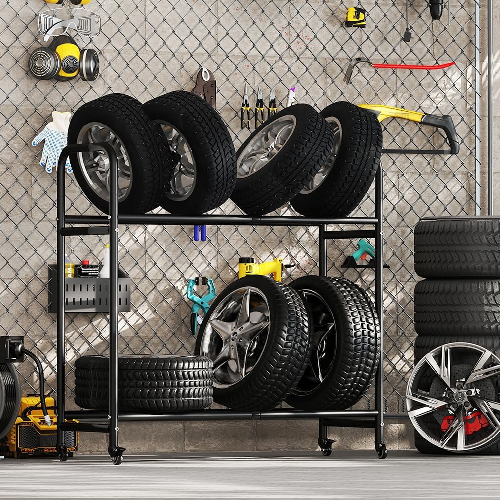 Hershii Tire Storage Rack Standing Garage Storage Shelf Organizer for Indoor Outdoor Use, Rolling Tire Rack Adjustable - Black 24.80-42.51'' X 15.35'' X 44.09''