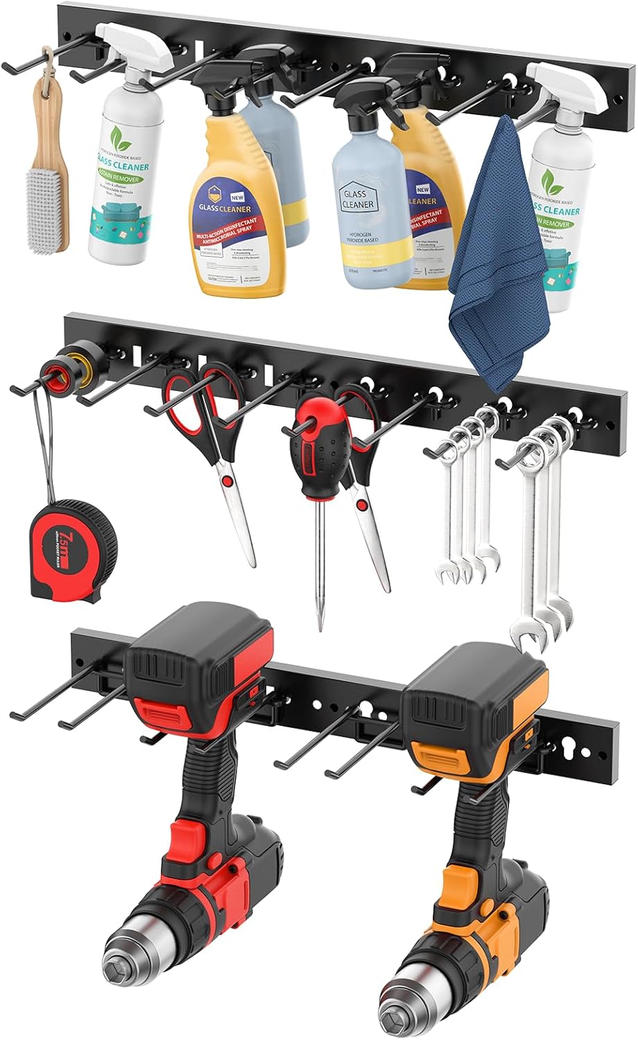 CCCEI 3 Modular Pegboard Strip Storage, Metal Peg Slat Wall Mount for Garage, Basement, Garden, Laundry Room Organization. Flexible Tool Organizer for Rake, Shovels, Crafting. Gifts for Men, Black.