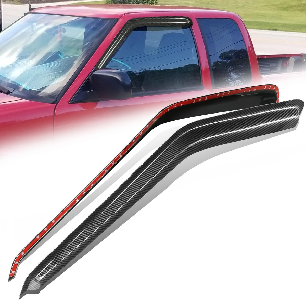 Auto Dynasty 2Pcs Carbon Fiber Pattern Window Visors Compatible with 1994-2003 Chevy S10 Blazer GMC Sonoma Jimmy, Tape-On Front Window Deflectors Rain Guards Sun Wind Air Side Vent Shade, Glossy Black