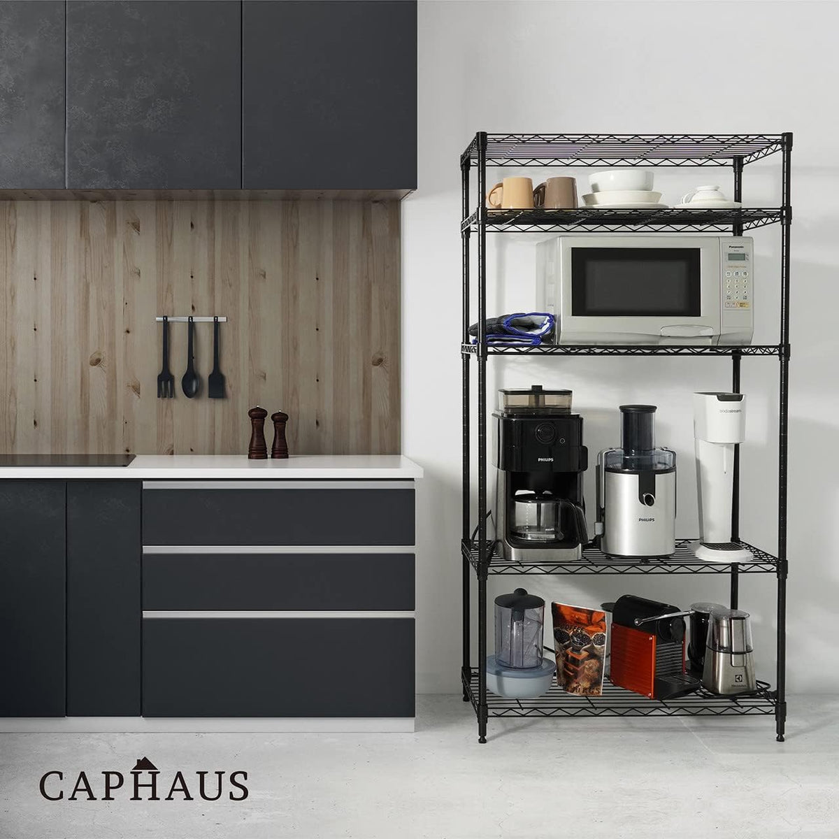 CAPHAUS NSF Adjustable Height Wire Shelving Unit w/Liner, Basement Storage Shelving, Metal Steel Storage Shelves, Garage Shelving Storage Organizer, Utility Shelf, 5-Tier W/Wheels W/Liners, Black