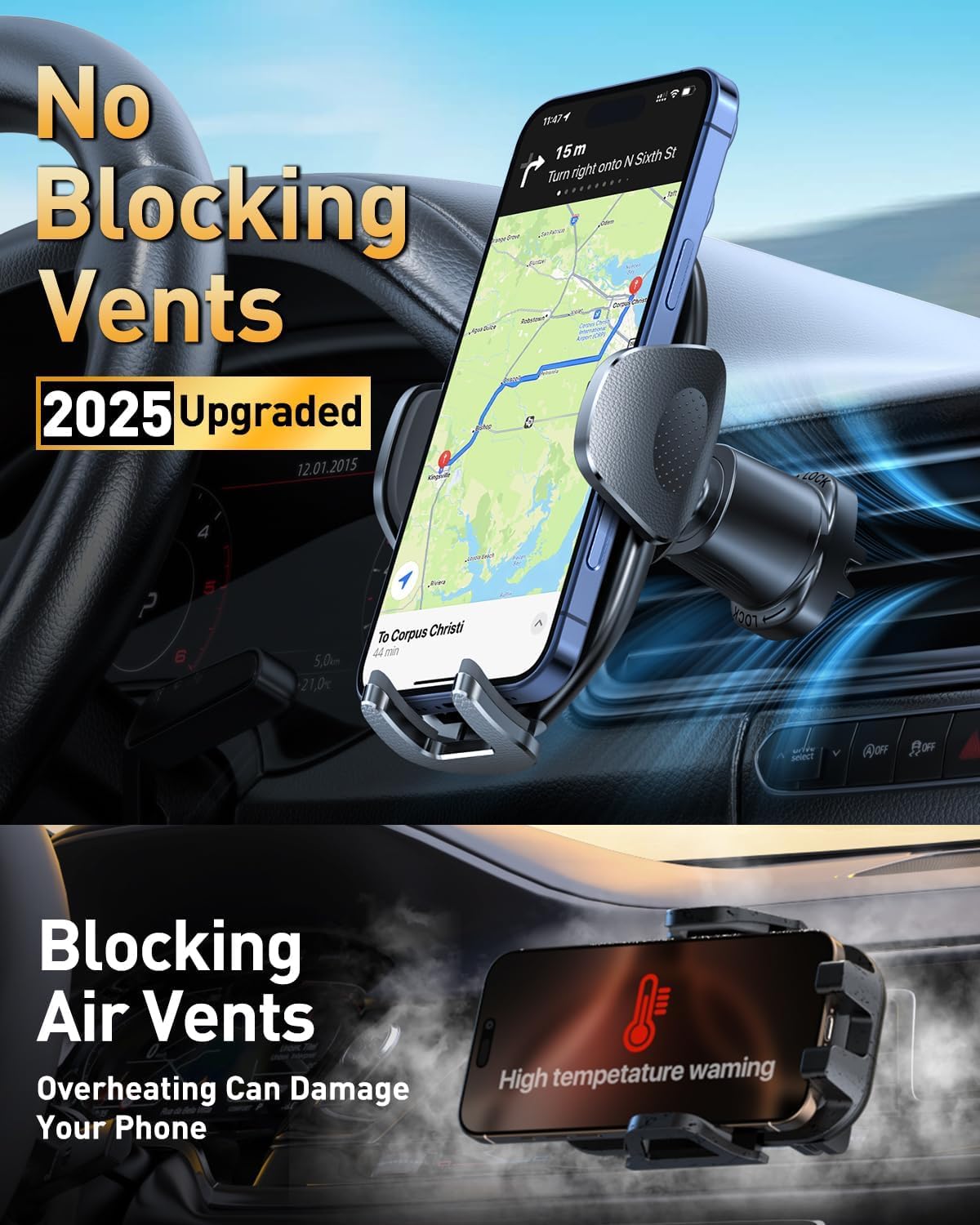 HTU 【Military-Grade】 Car Phone Holder,【Strongest & Longest Steel-Hook】 Car Vent Mount, Handsfree 360° Adjustable Automobile Cradle Air Clip Stand for iPhone 16 15 14 13 12 Pro Max Samsung, Black