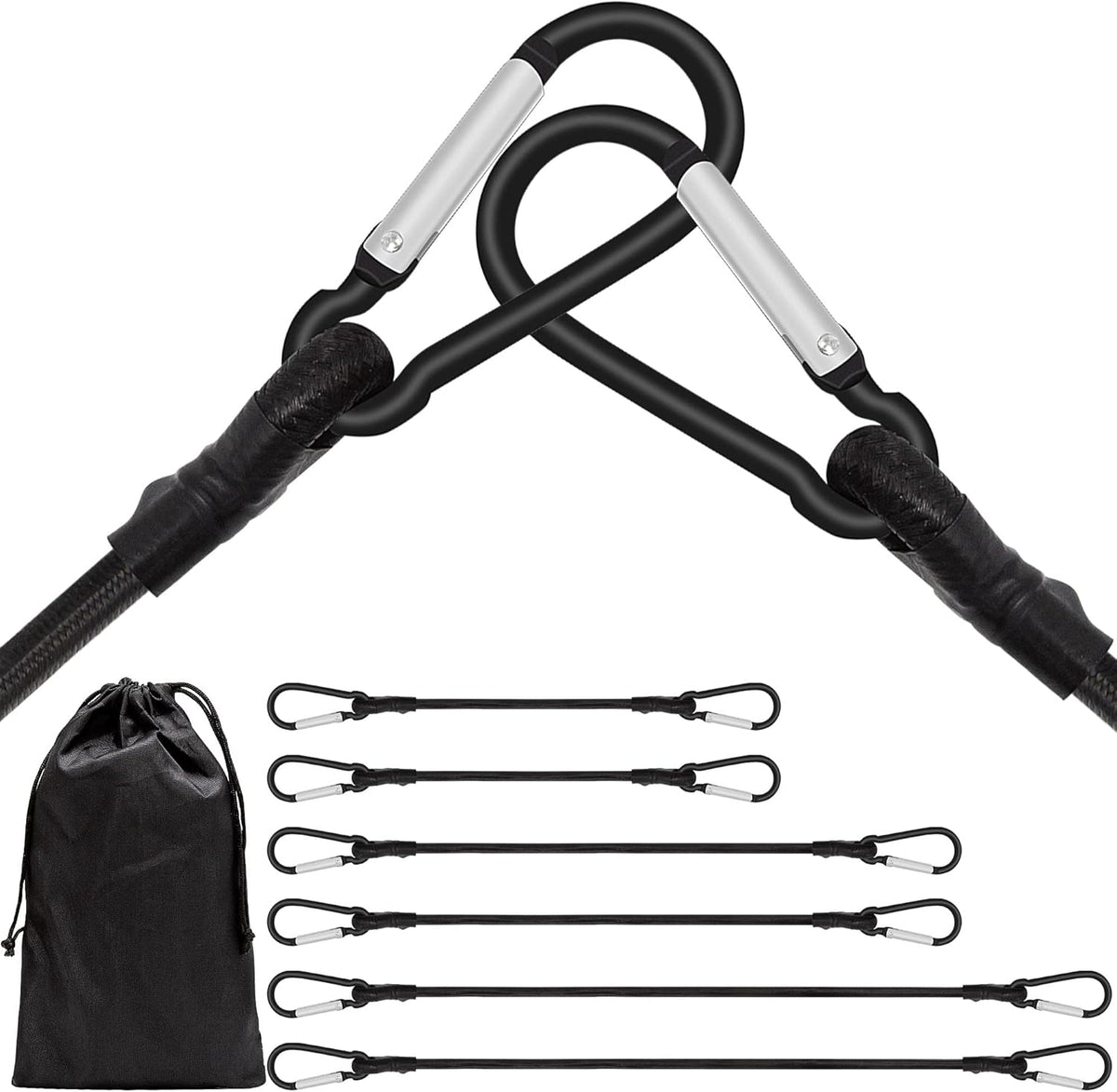 6 Piece Bungee Cords with Hooks - Heavy Duty Outdoor Bungee Cord Includes 24", 40", 60", Extra Strong Carabiner Bungee Cord with Metal Hook for Camping, Tarps, Bike Rack, Tent, Car