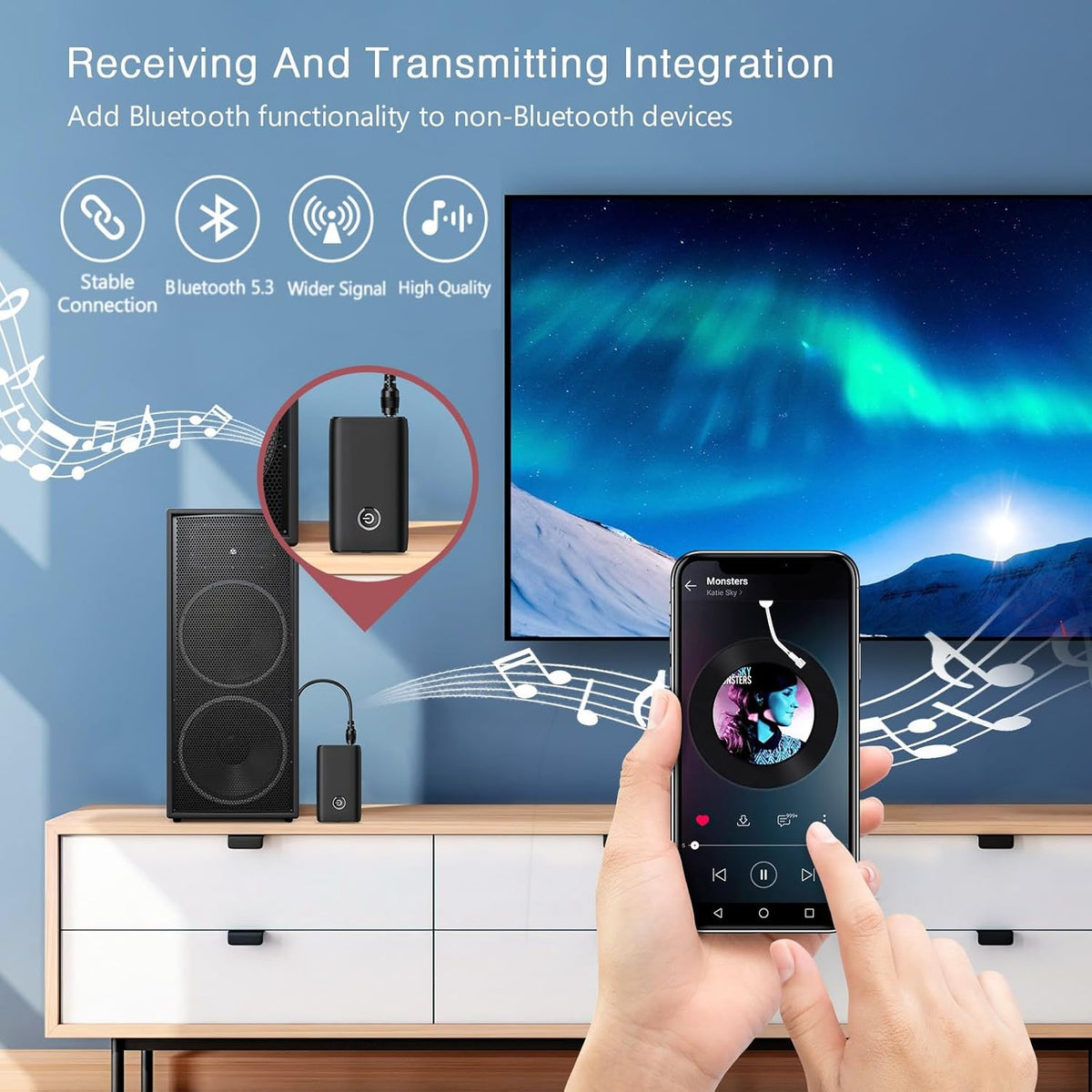 LOFICOPER Bluetooth Transmitter Receiver for Car, 2 in 1 Aux Bluetooth 5.3 Adapter, Wireless Music Receiver for Car Stereo System, Headphones, Speakers, Hands Free Call