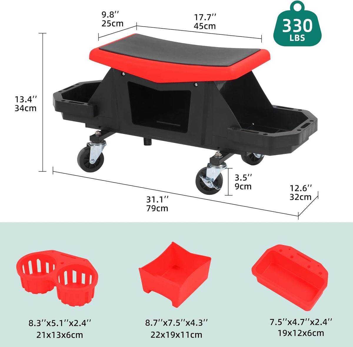 YITAHOME Detailing Stool with Wheels, Mechanics Seat With 2 Removable Trays and Drawer, Heavy Duty Rolling Garage Stool 330 LBS Capacity, Rolling Tool Seat for Automotive Auto Repair Car Wash Upgraded