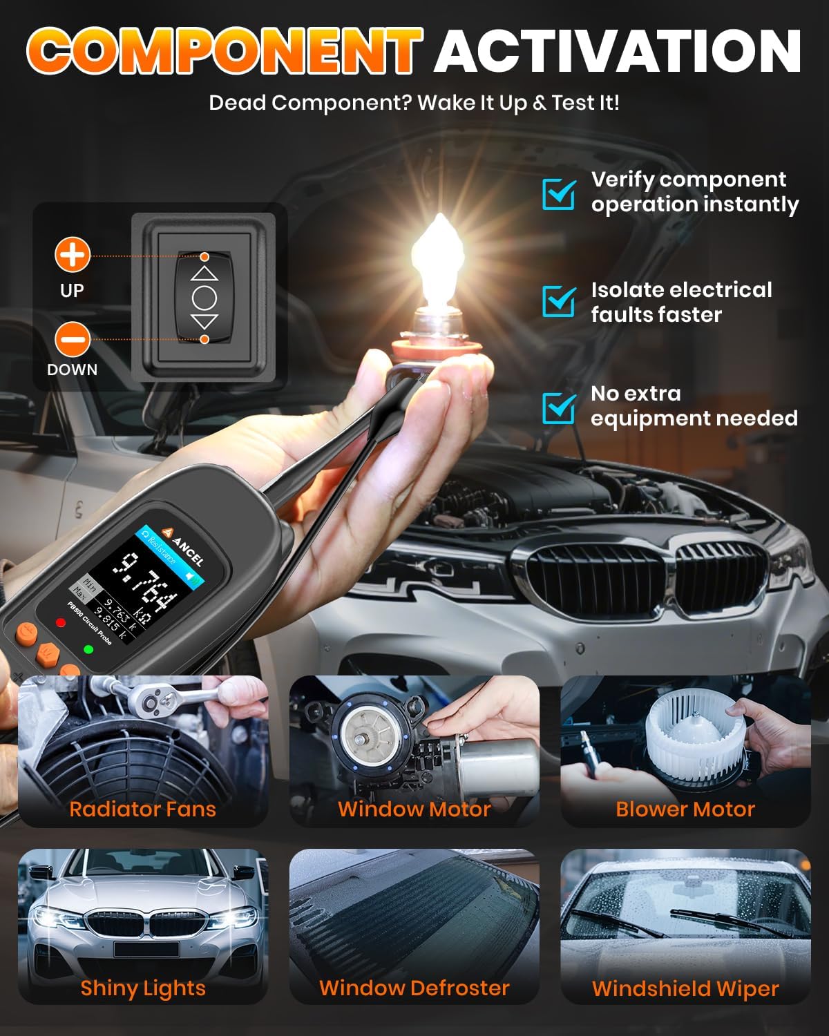 ANCEL PB500 Automotive Power Circuit Probe Tester Kit, 12/24V Car Electrical Short/Open Breaker Finder, AC/DC Diode Resistance Frequency Injector Relay Tester, Duty Cycle,Digital Multimeter/Ohmmeters