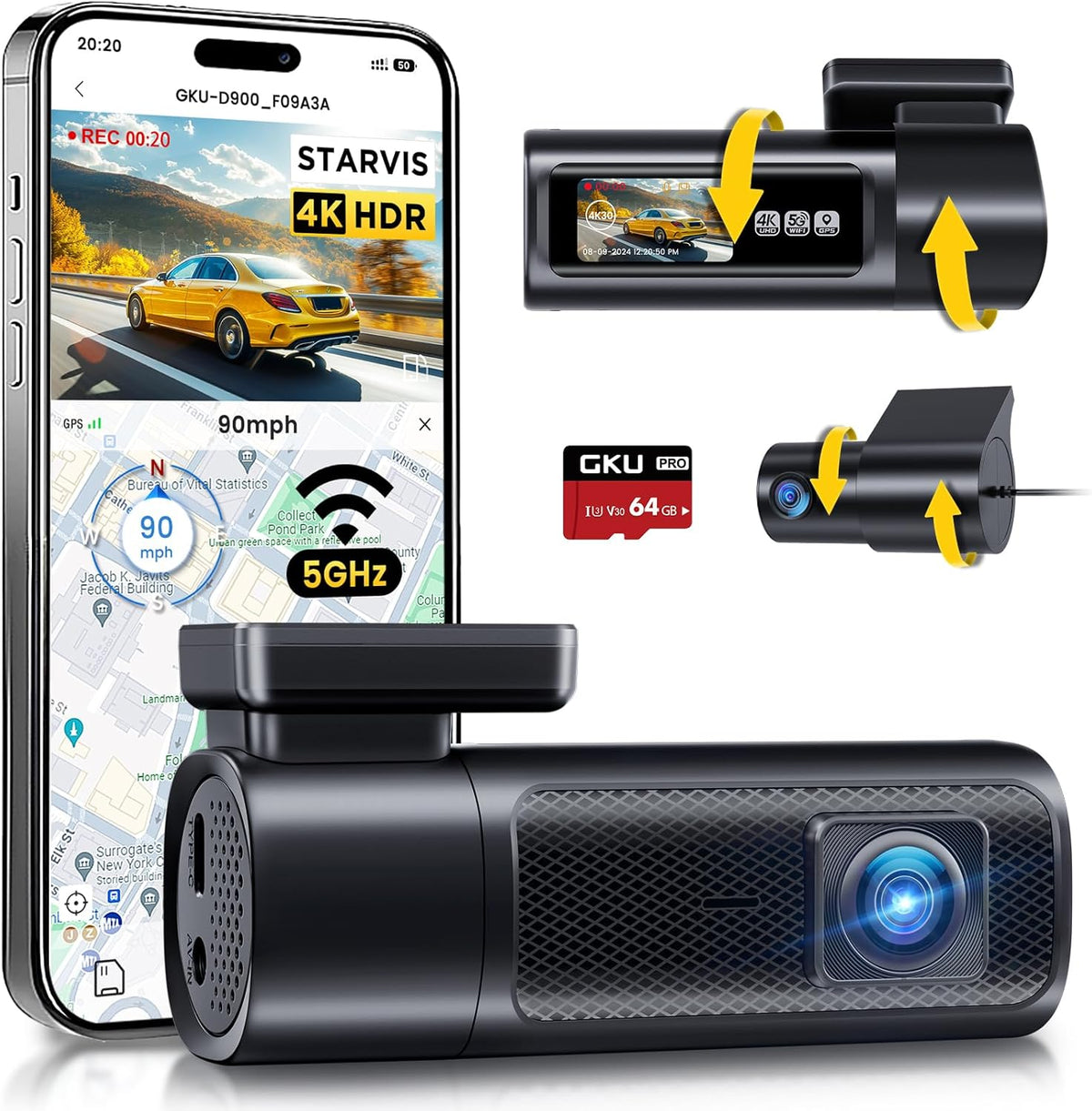 GKU Dash Cam Front and Rear, 4K 60fps＋2.5K Dashcam,STARVIS Sensor, HDR, 5G WiFi GPS, 24H Parking Mode, Night Vision, 170°Wide Angle, Dash Camera for Cars with 1.47 Display, 64G SDcard (Black)