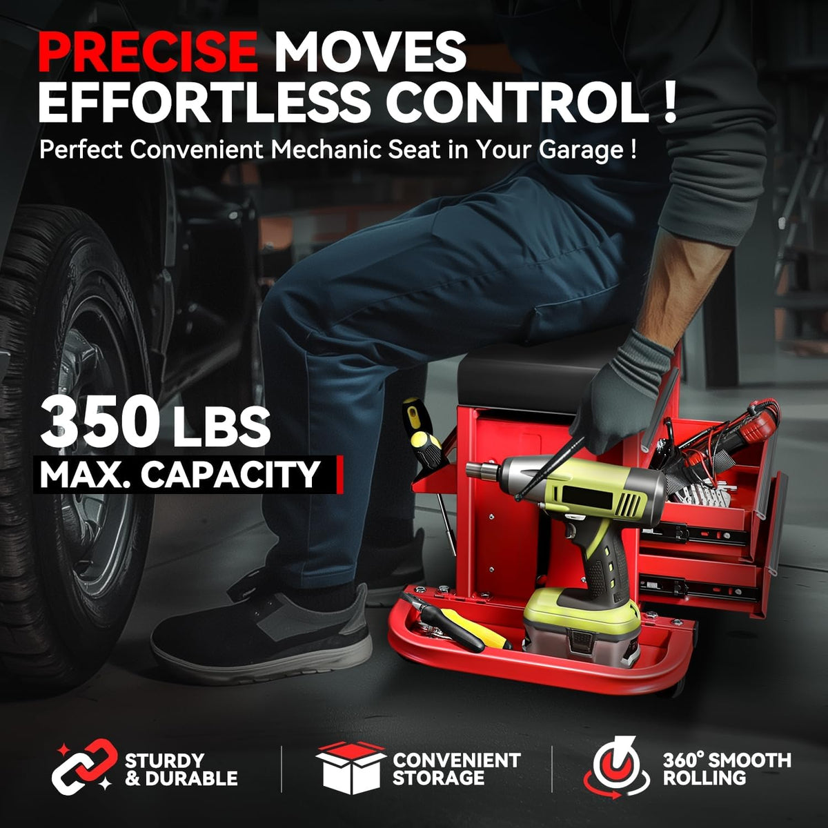 Auto Dynasty 3-Drawer Mechanic Rolling Seat, 350 LBS Capacity Roller Garage Shop Seat with Storage Tool Tray for Workshop, Repair Shop, Warehouse, Red