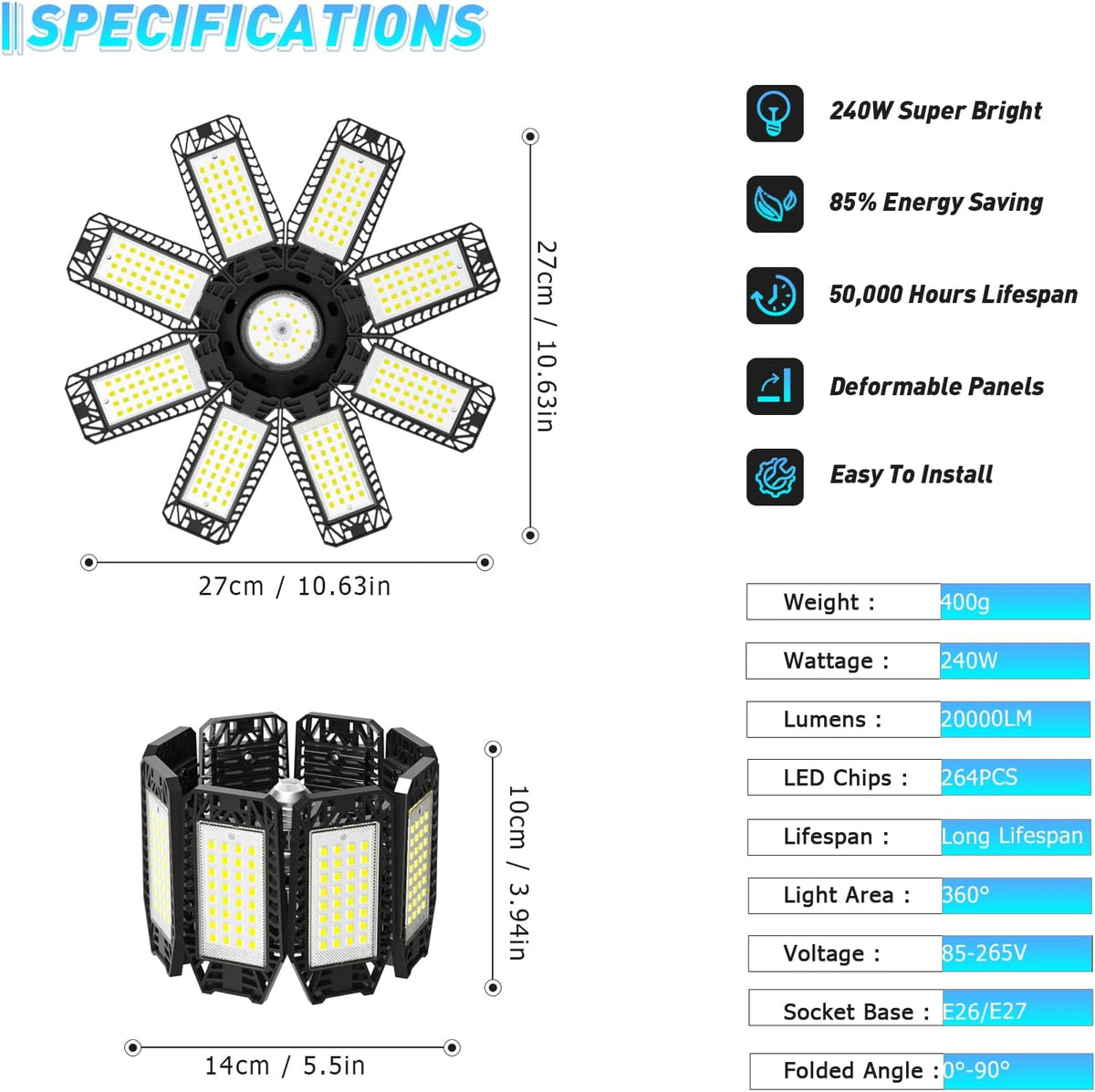 Garage Light 2 Pack - 240W 24000LM 6500K Garage Lights Ceiling LED with 8+1 Deformable Panels, E26/E27 Screw Socket in LED Shop Light for Workshop, Basement, Gym, Barn, Warehouse etc Bay Lighting