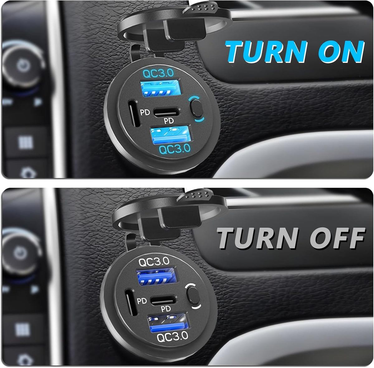 Dual PD USB C Ports & Dual USB Quick Charge 3.0 Ports 12V USB Outlet with Switch, VANONE Waterproof and Dustproof Car Charger Socket, Accessories for Car Boat Marine Motorcycle RV ATV Golf Cart, etc