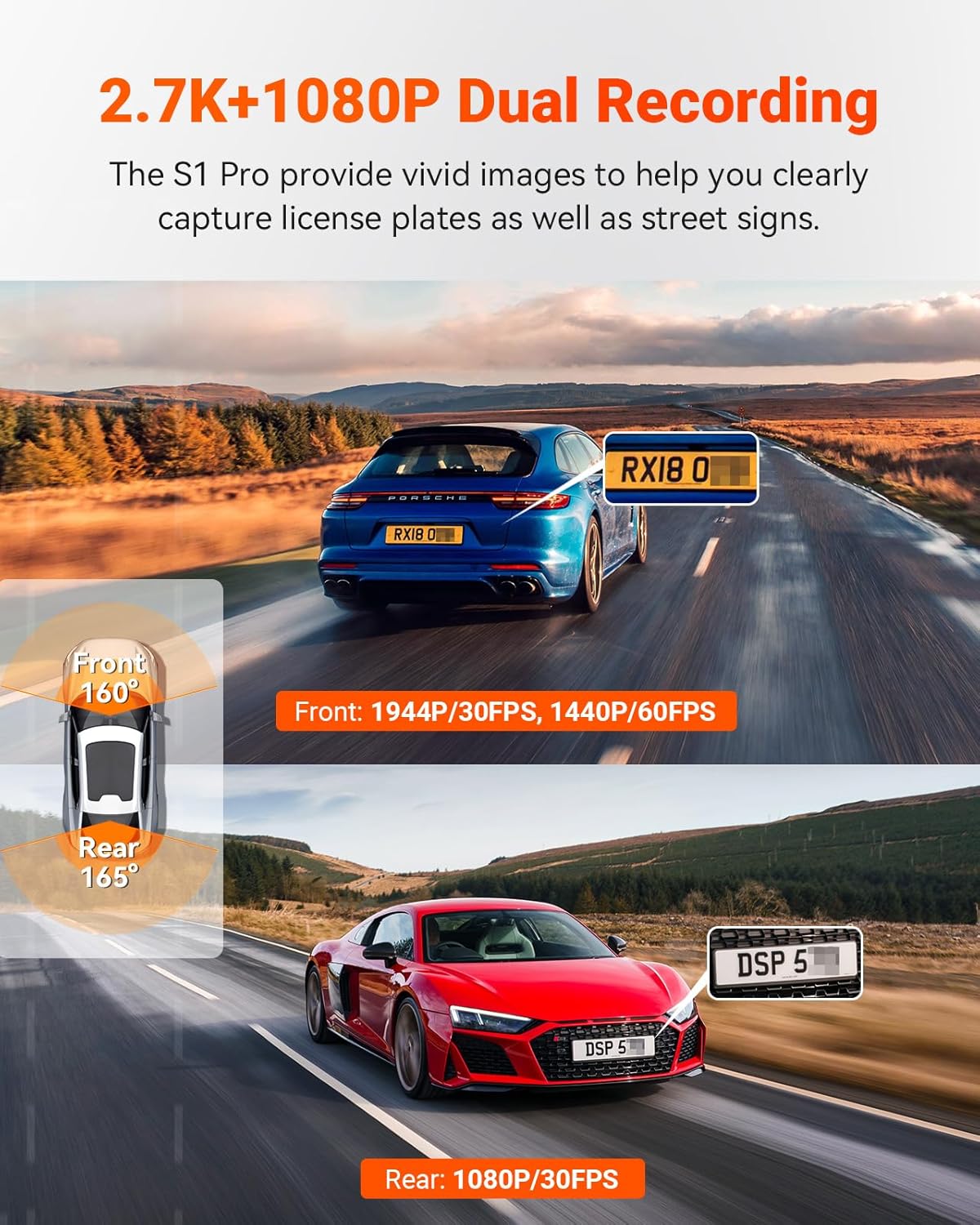 Vantrue S1 Pro Dual 1440P Dash Cam Front and Rear, Dash Camera w/2.7K, STARVIS 2, HDR Night Vision, 5G WiFi, 60FPS, Optional Remote Live View, GPS, Voice Control,24/7 Parking Mode, Support 512GB Max