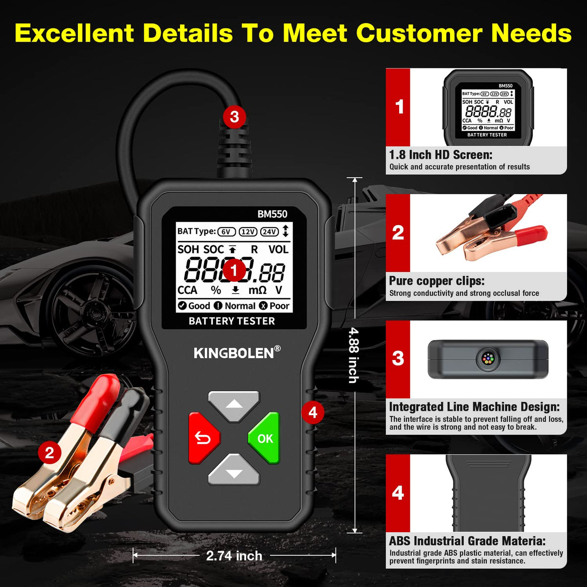 KINGBOLEN BM550 6V 12V 24V Car Battery Tester, 100-2000 CCA Voltage Tester 2Ah-220Ah Internal Resistance Tester Accurate Digital Auto Battery Analyzer for Cars Trucks SUV ATV Boats Motorcycles Vehicle