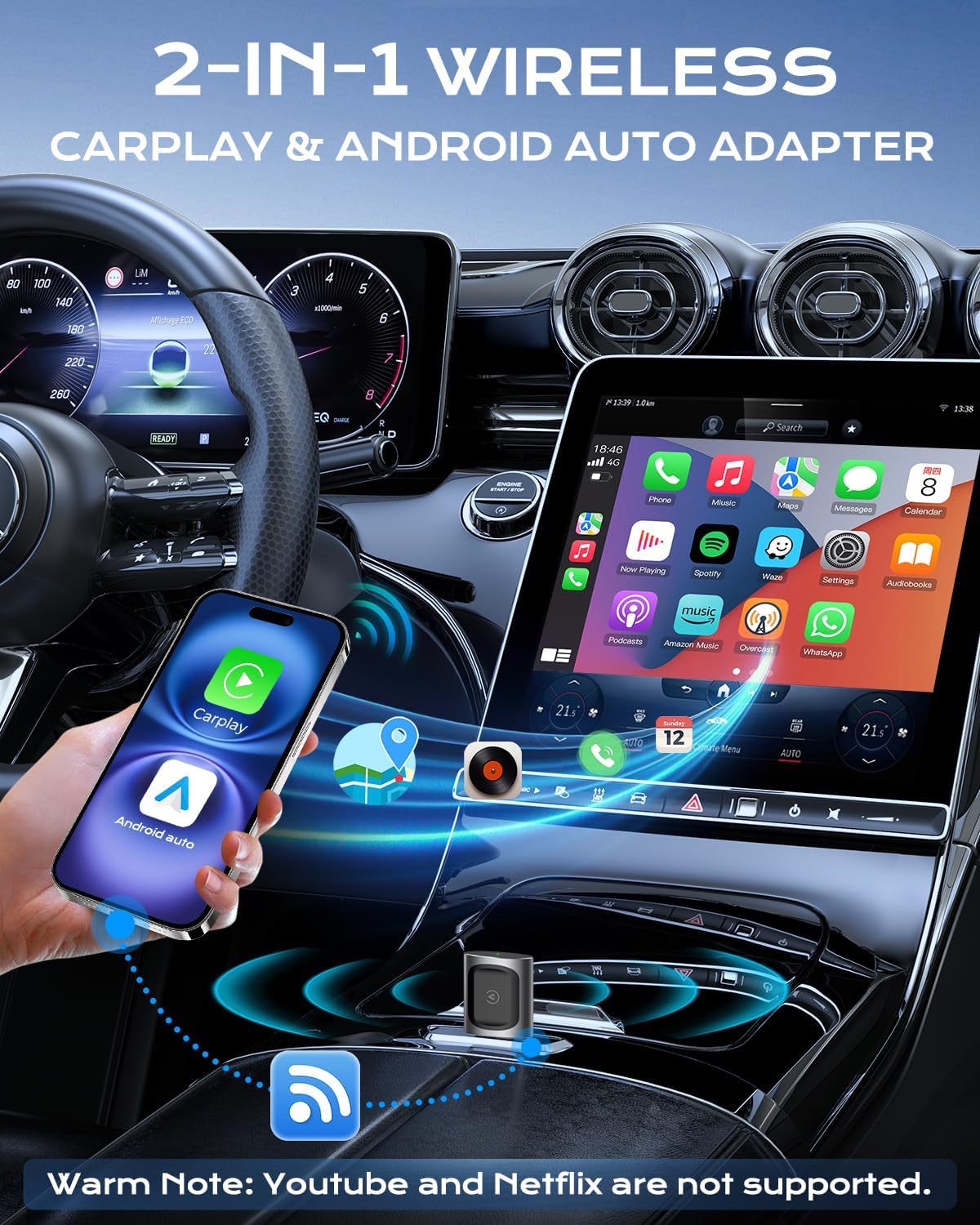 AuroraLink Wireless Carplay & Android Auto Adapter 2-in-1 Stable & No Delay Carplay Wireless Adapter Convert Wired to Wireless Car Play Dongle for iOS 10+/Android 11+ (Grey)