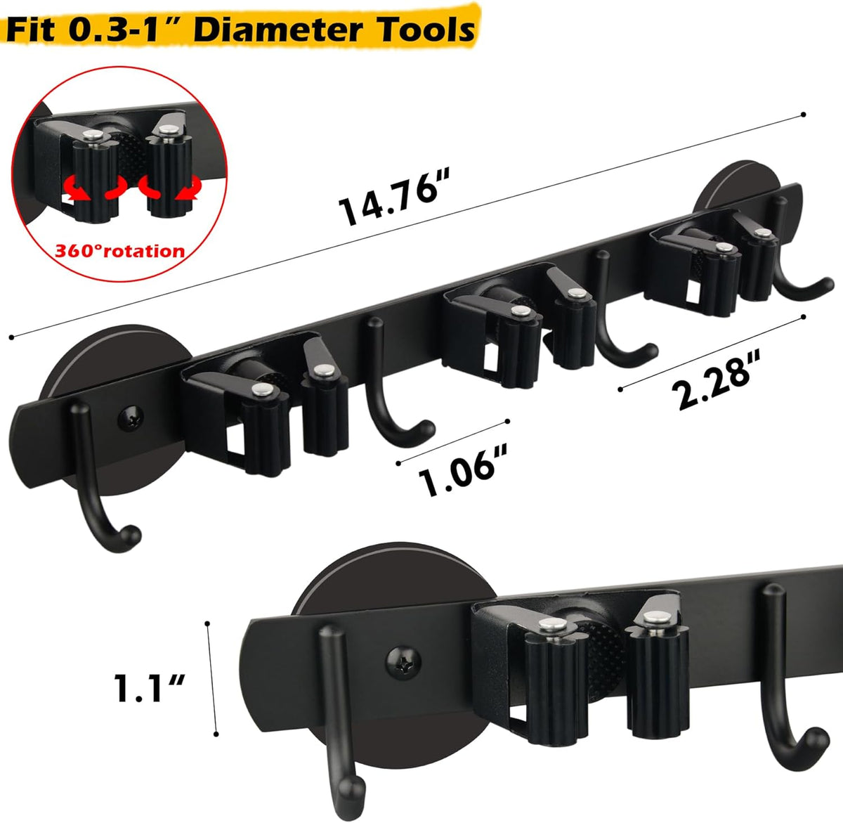 MUTUACTOR Heavy Duty Magnetic Broom Holder, 1PCS Mounting Broom and Mop Hanger, Anti-slip Black Magnetic Tool Holder 3 Slots and 4 Hooks for Fridge, Metal Door, Garage, Work Station